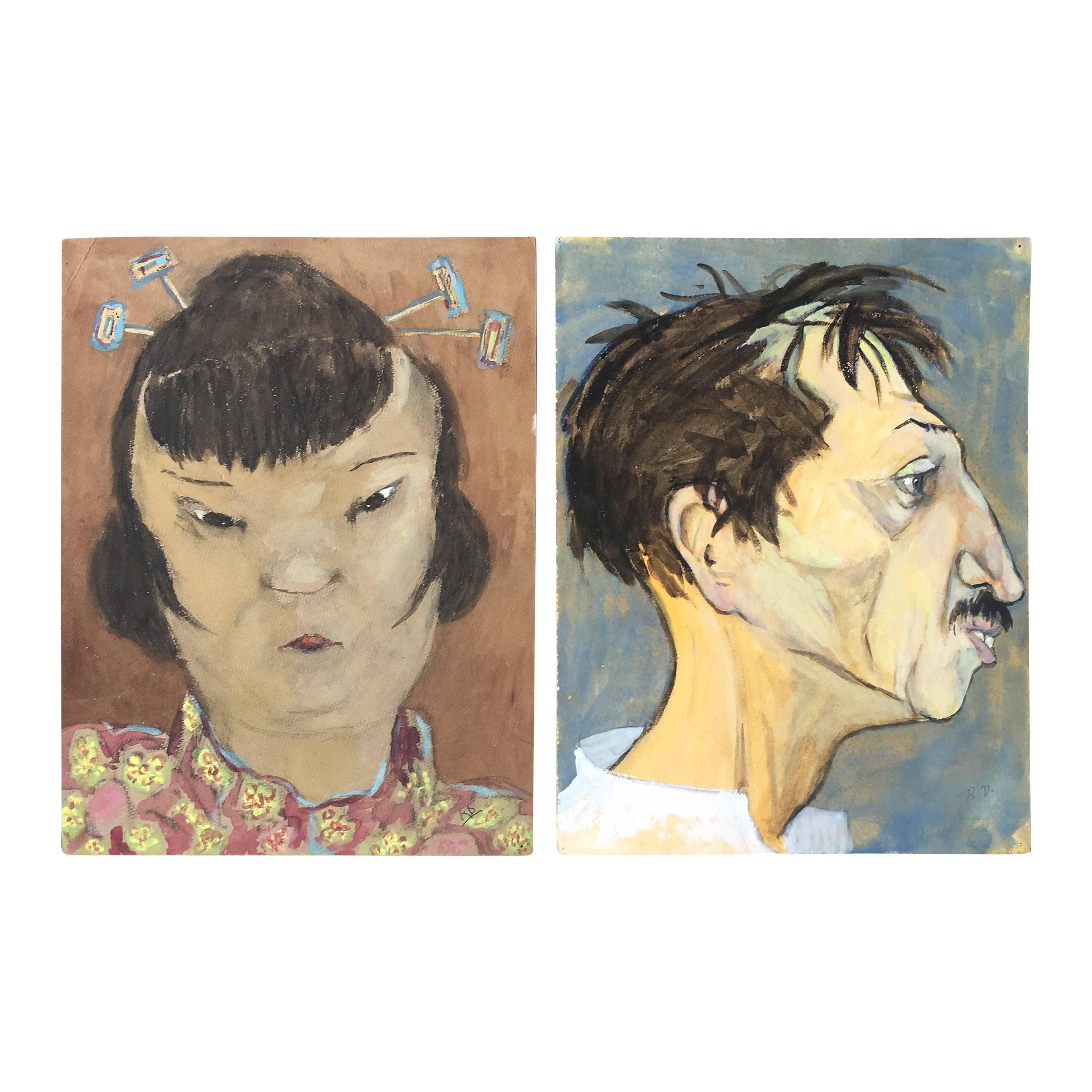 Portrait Painting de Unknown - Pareja de retratos de personajes franceses, fondos marrón y azul marino