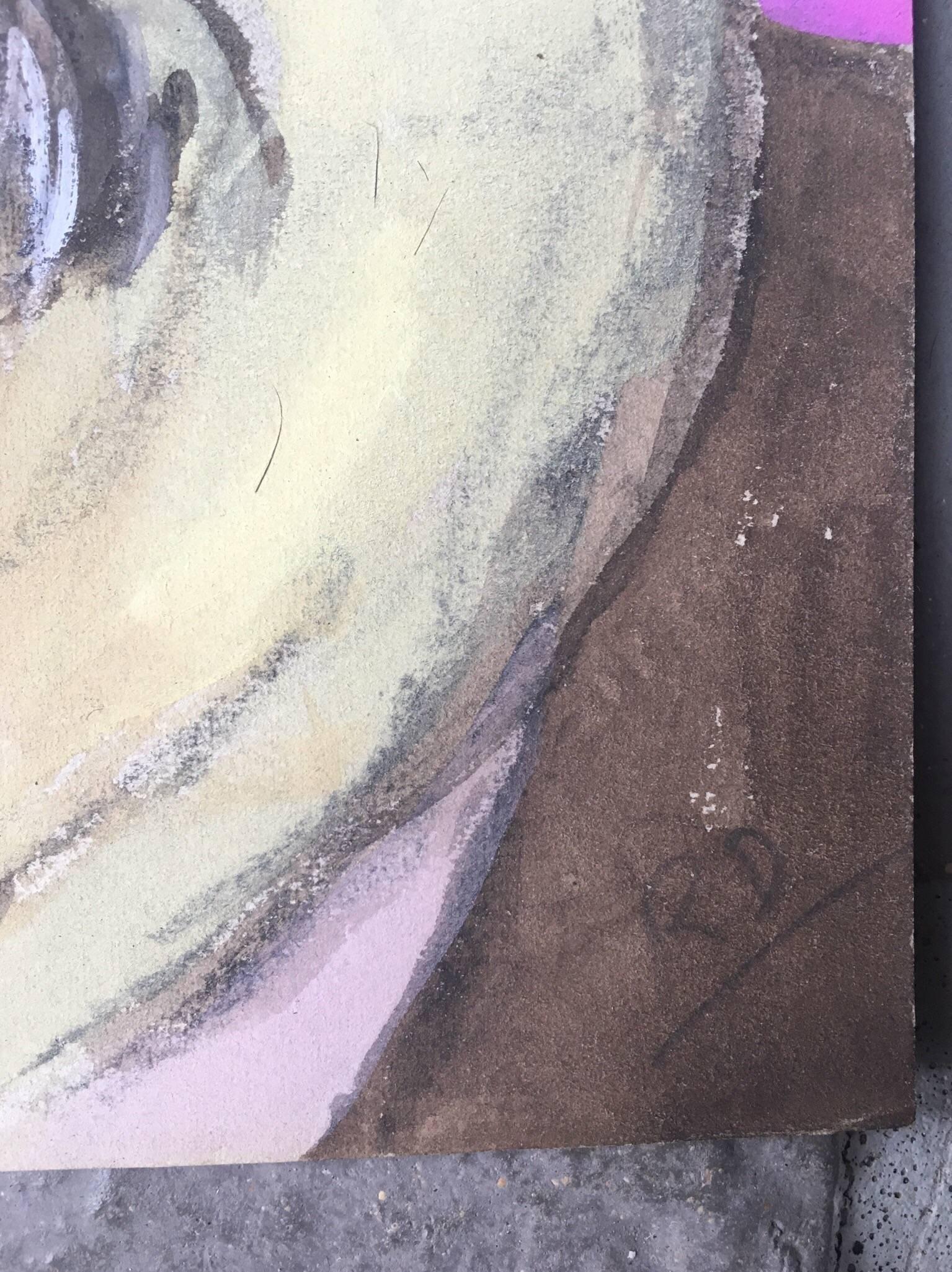 Pair of French character portraits.
French school, mid 20th century.
Gouache on unframed paper.
Both stamped and named on the backs, with the artists initials written on the right hand bottom of the pink male portrait.

These whimsical pair are