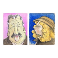 Pair of French Character Portraits, Pink and Blue Backgrounds