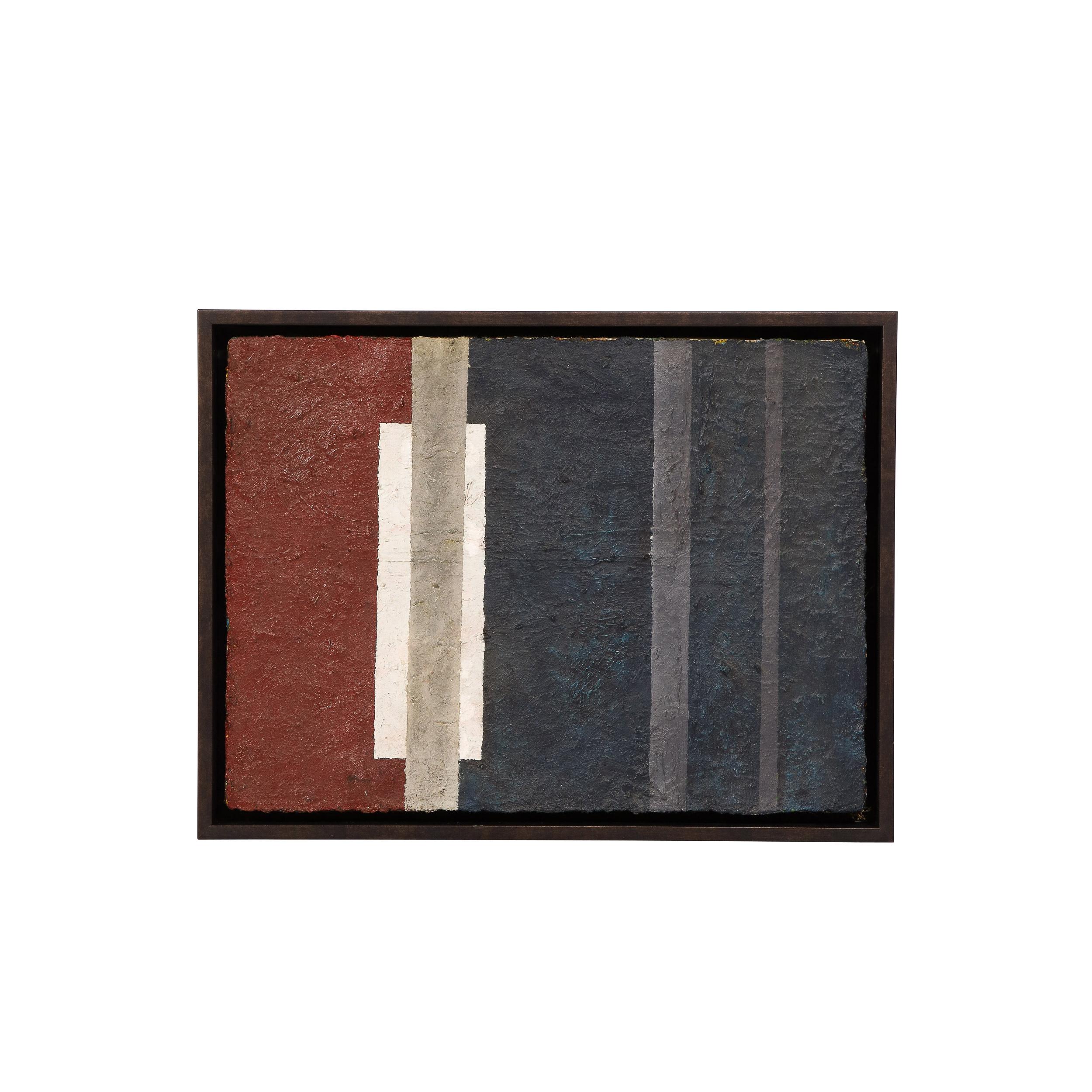 This refined pair acrylic on canvas paintings were realized in the United States circa 1980. Presented as a diptych, the work features two different sized rectangular canvases offering stunning and complimentary hard edged geometric abstraction