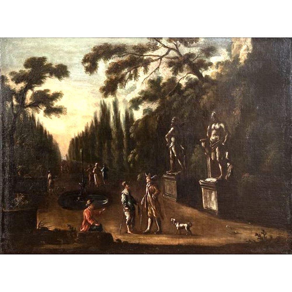 Paar italienische Gemälde mit Gärten aus dem 18. Jahrhundert  (Alte Meister), Painting, von Unknown
