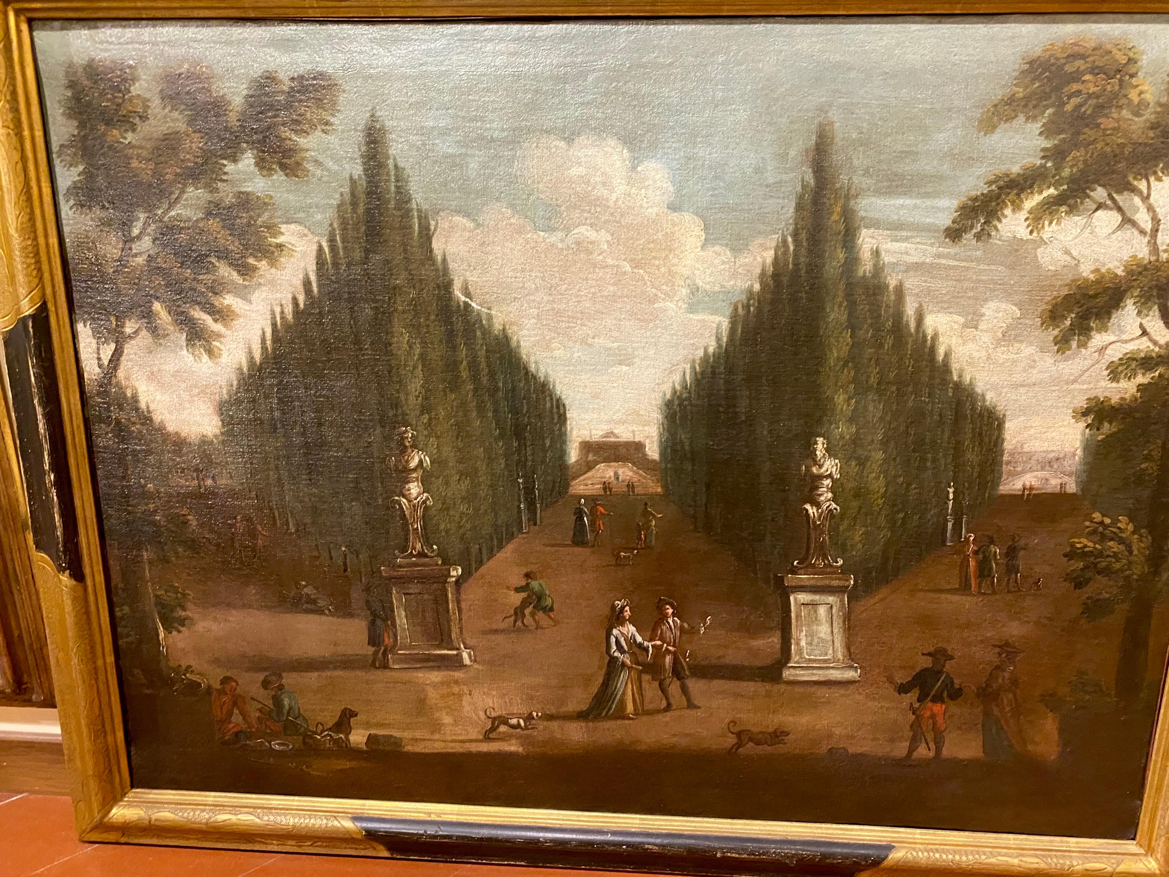 Paire de peintures italiennes du 18ème siècle, huile sur toile avec des jardins de palais vénitiens, sculptures antiques et divers personnages.
 Mesures avec  cadre cm 75 x101