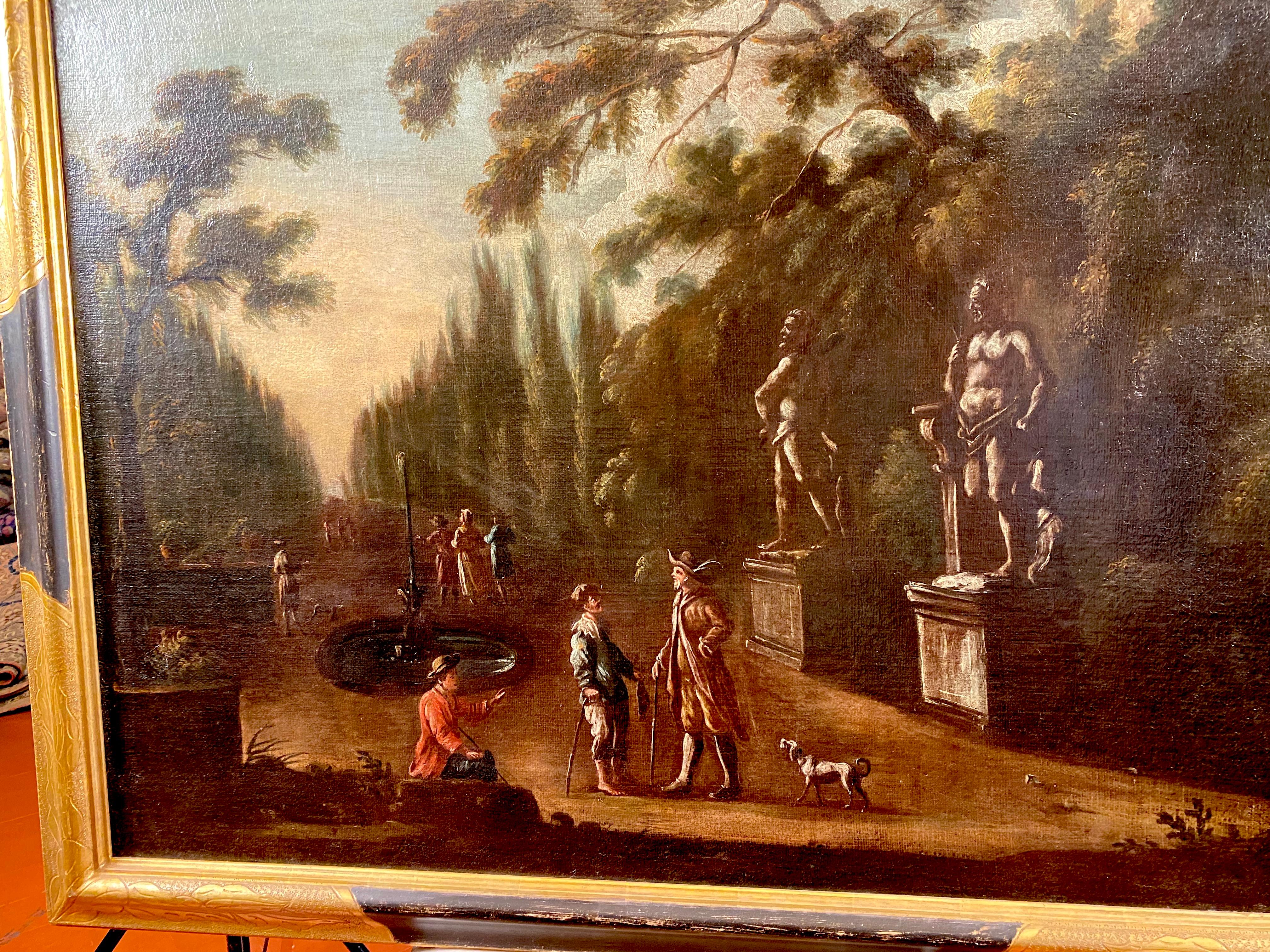 Pair of Italian 18' century paintings , oil on canvas with Venetian Palace gardens , antiques sculptures and various figures .
 Measurements with  frame cm 75 x101