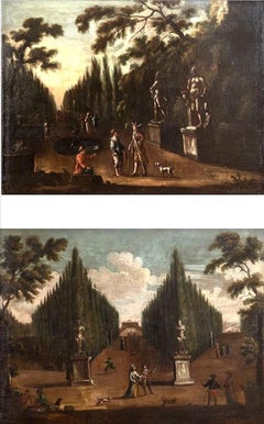 Antique Pair of Italian 18' century Paintings with Gardens 