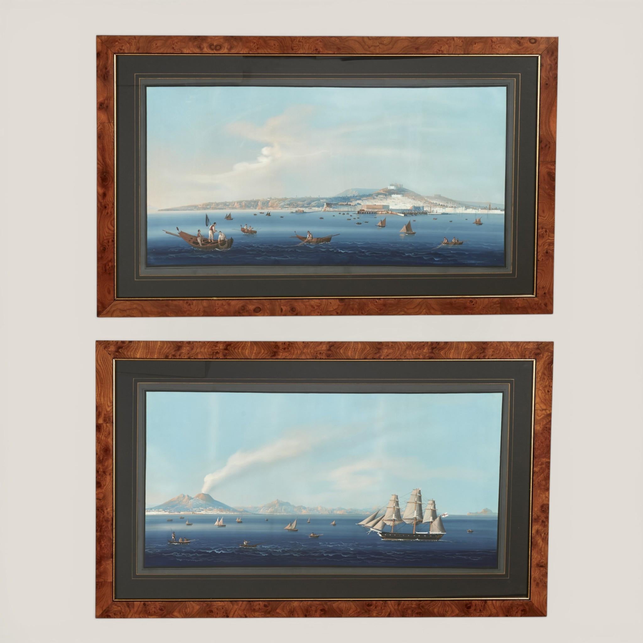 Unknown Landscape Painting - Pair of Italian Bayscape Gouache Paintings with Mt.Vesuvius