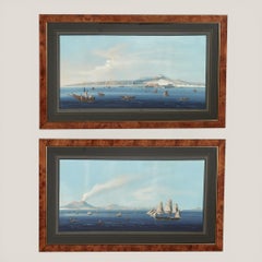 Pair of Italian Bayscape Gouache Paintings with Mt.Vesuvius