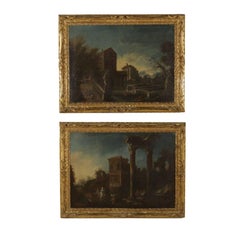 Pair of Landscapes with Architecture and Figures Oil on Canvas 17th Century