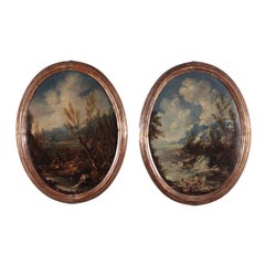Pair Of Landscapes With Figures Oil On Canvas 20th Century