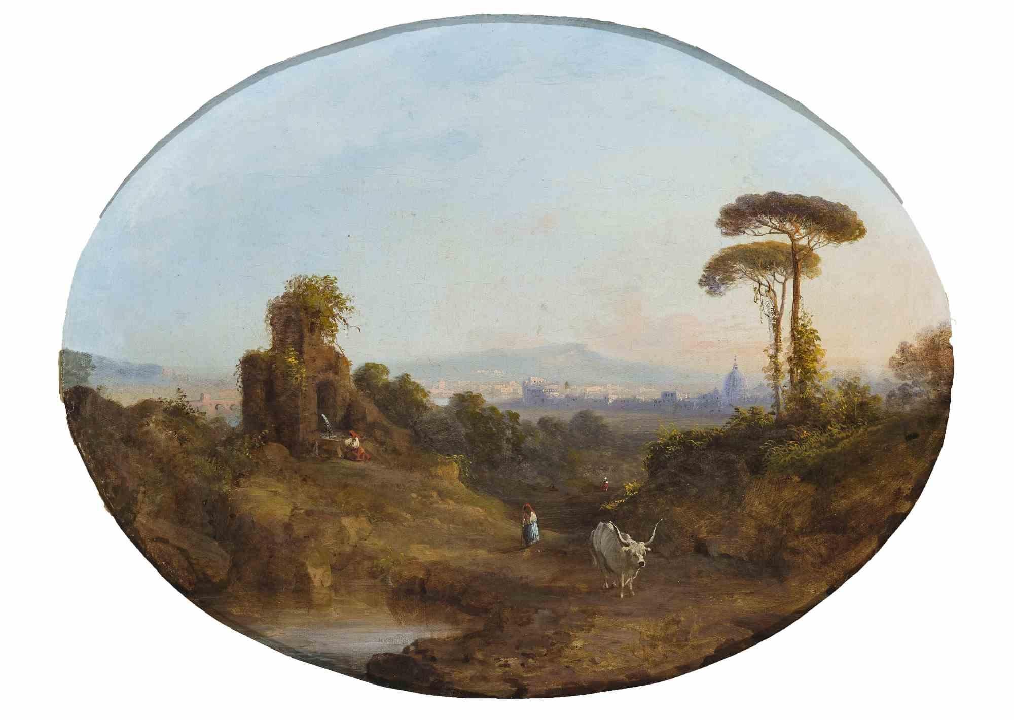 Paire de paysages avec vues de la Rome antique - Huile sur toile - Milieu du XIXe siècle - Moderne Painting par Unknown