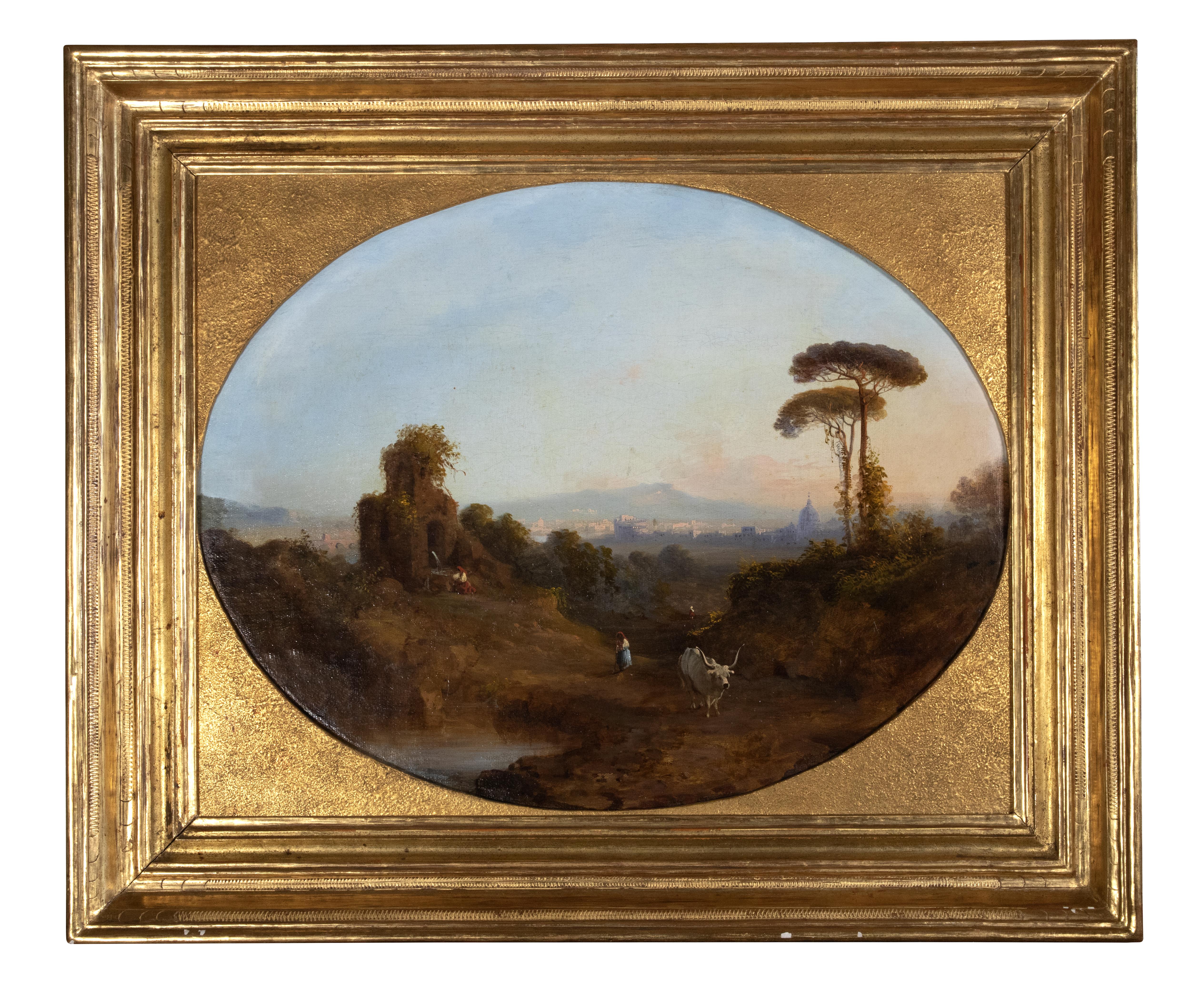 Paire de paysages avec vues de la Rome antique - Huile sur toile - Milieu du XIXe siècle - Gris Figurative Painting par Unknown