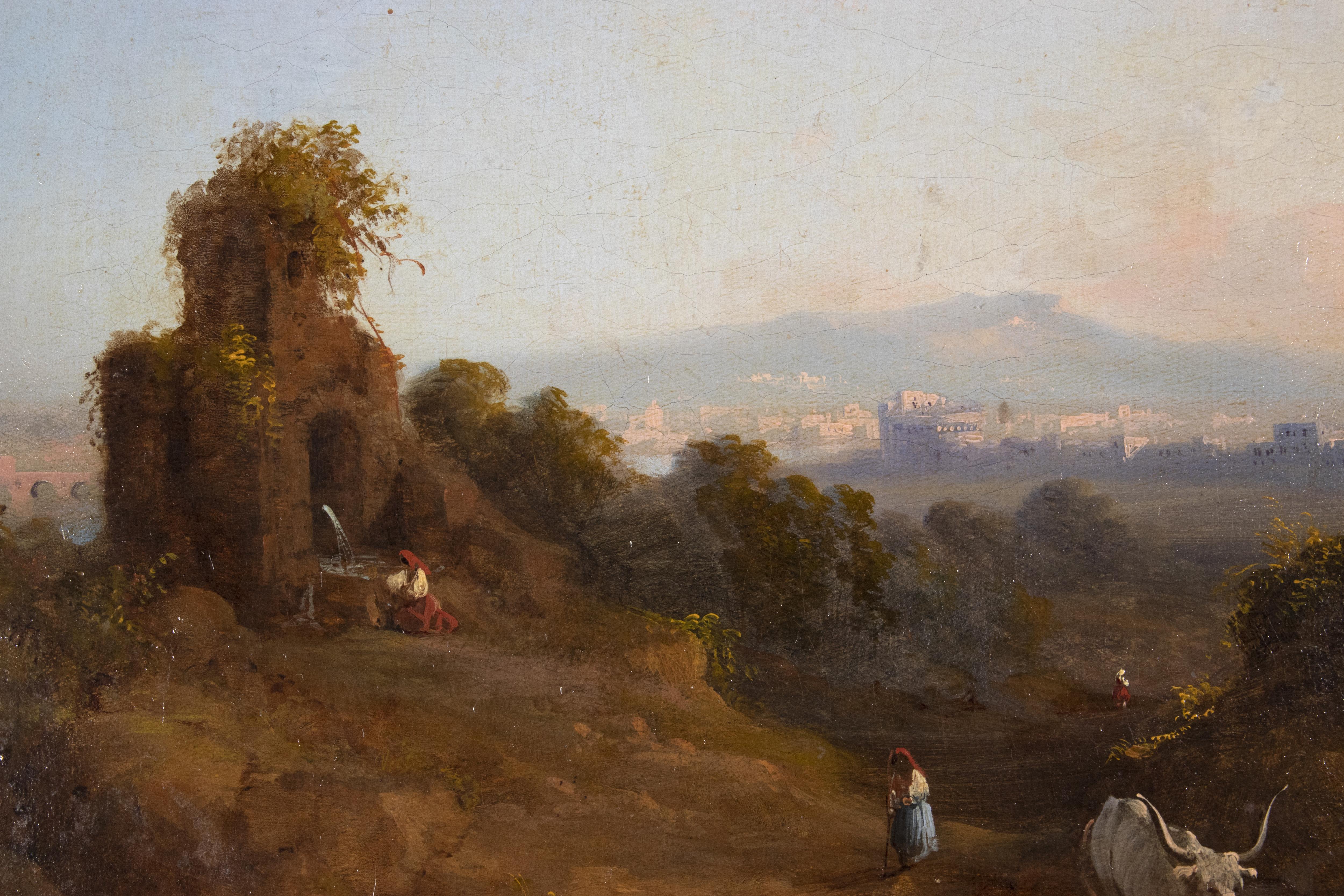 Pair of Landscapes with Views of Ancient Rome - Oil on Canvas - Mid 19th century - Gray Figurative Painting by Unknown