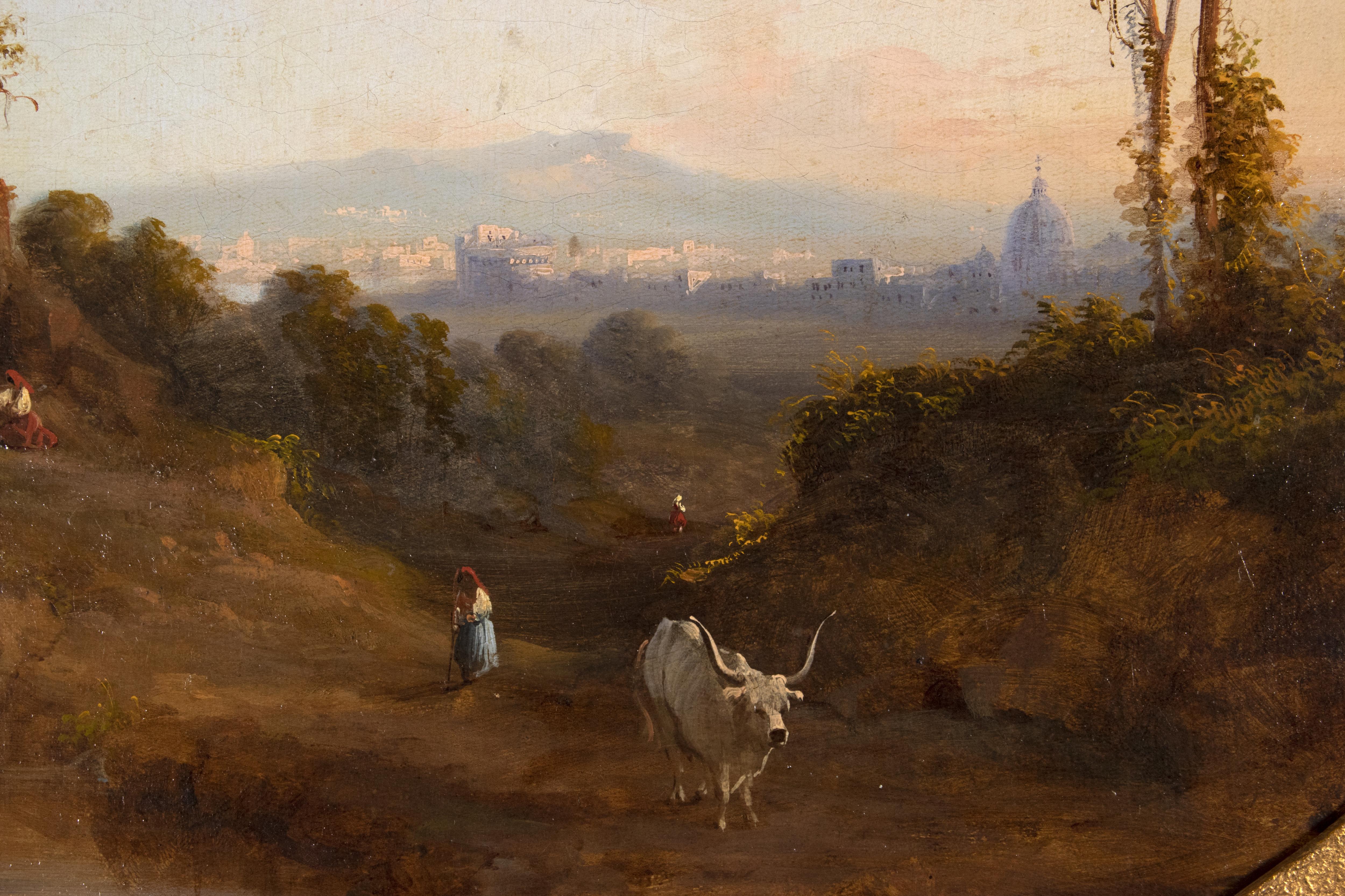 Landscapes with Views of Ancient Rome is an original pair of oil on canvas realized in the Second Half 19th Century.

Mixed colored oil on canvas, mounted on panel.

Minor damage to frame (54 x 64.5 cm)

The paintings  depict the roman countryside,