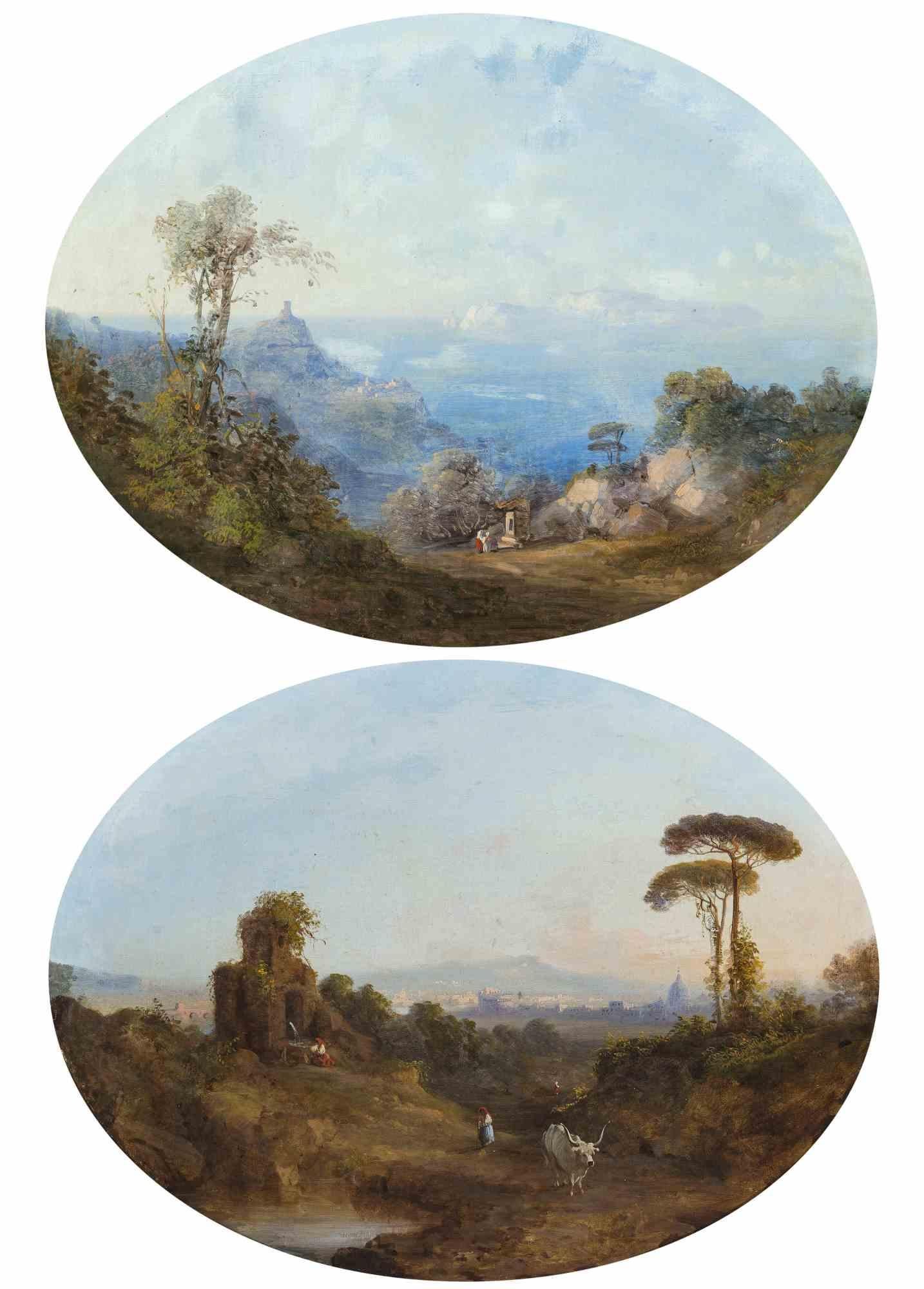 Figurative Painting Unknown - Paire de paysages avec vues de la Rome antique - Huile sur toile - Milieu du XIXe siècle
