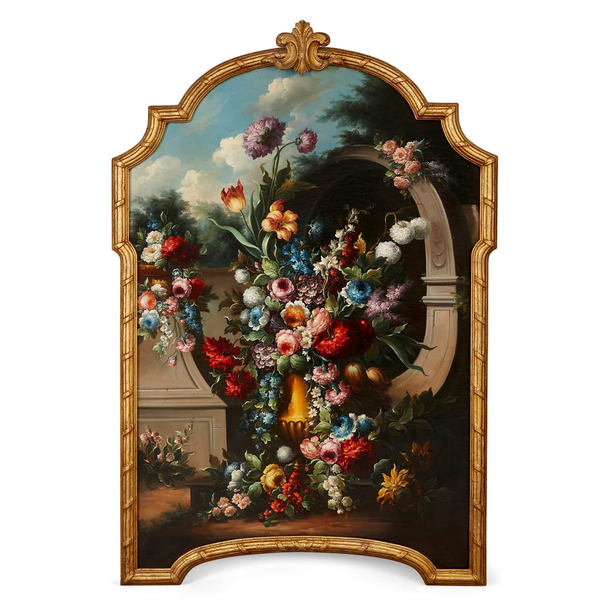 Pair of large Baroque style floral still life oil paintings
Continental, 19th Century 
Canvas: Height 144cm, width 104cm 
Frame: Height 170cm, width 112cm, depth 4cm

This dazzling duo of 19th-century still life oil paintings offers a lively