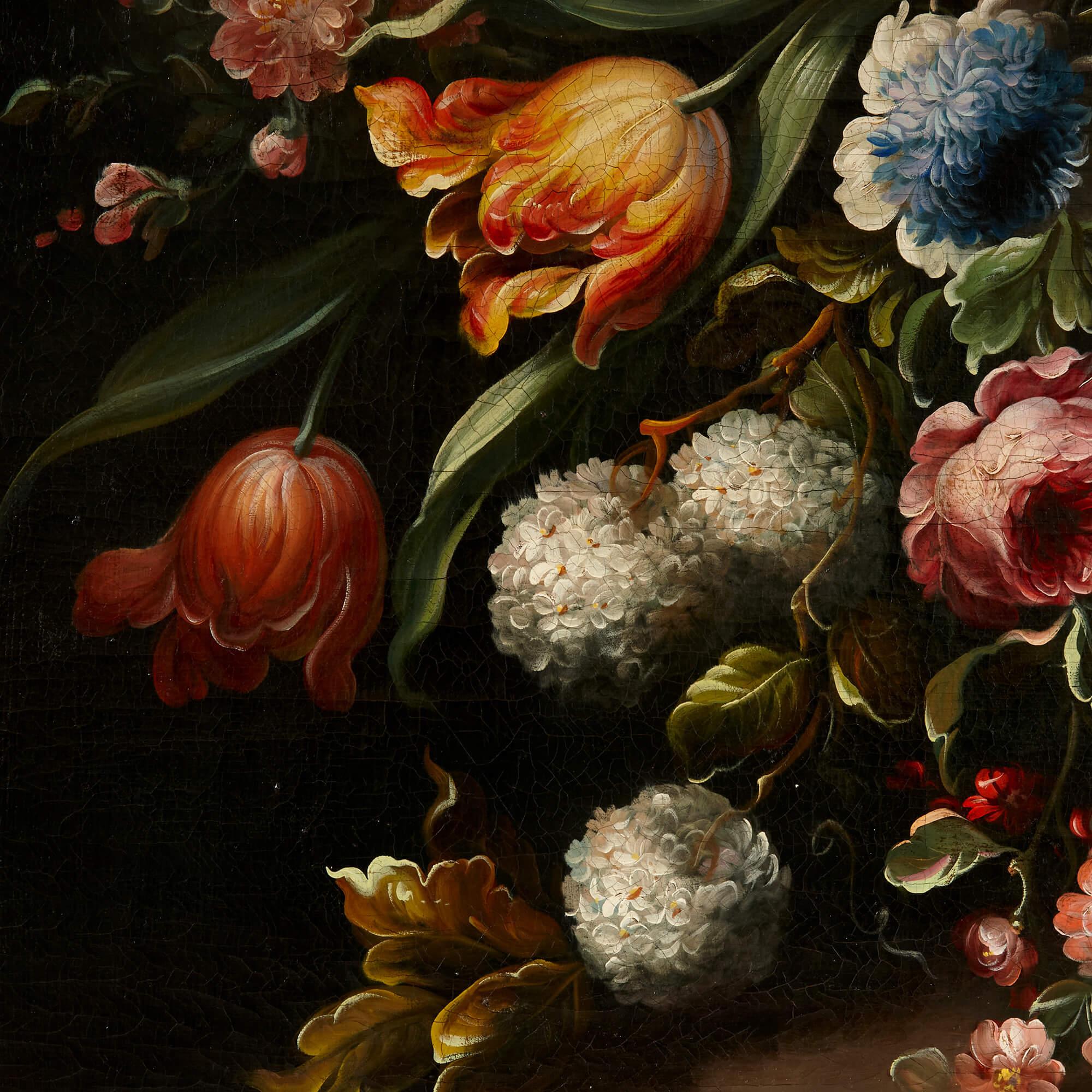 Paire de grandes peintures à l'huile de natures mortes florales de style baroque en vente 3