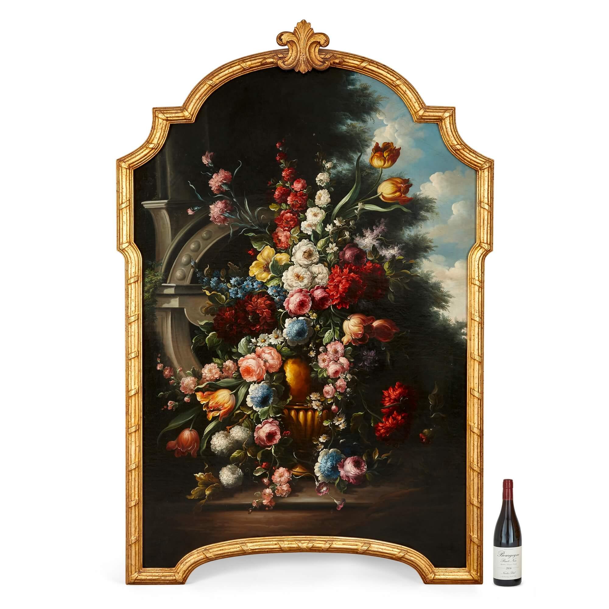 Paire de grandes peintures à l'huile de natures mortes florales de style baroque en vente 4