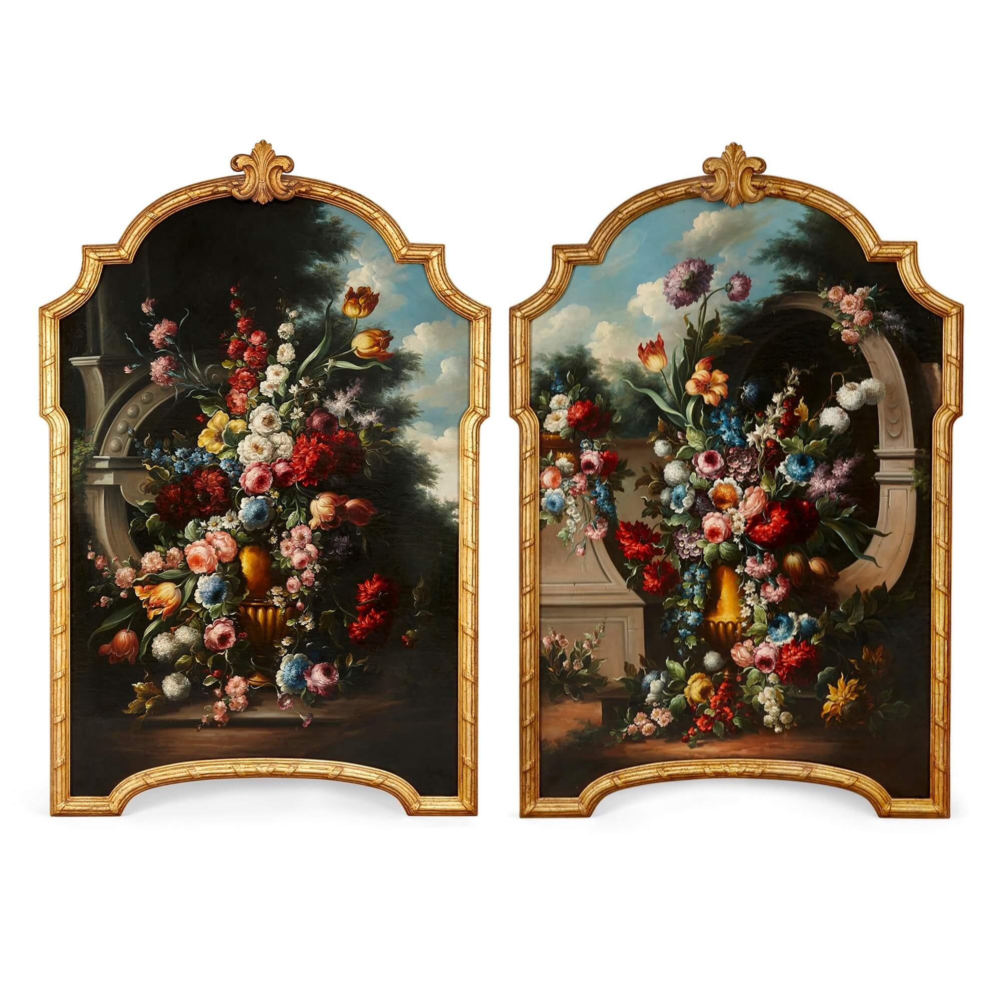 Still-Life Painting Unknown - Paire de grandes peintures à l'huile de natures mortes florales de style baroque