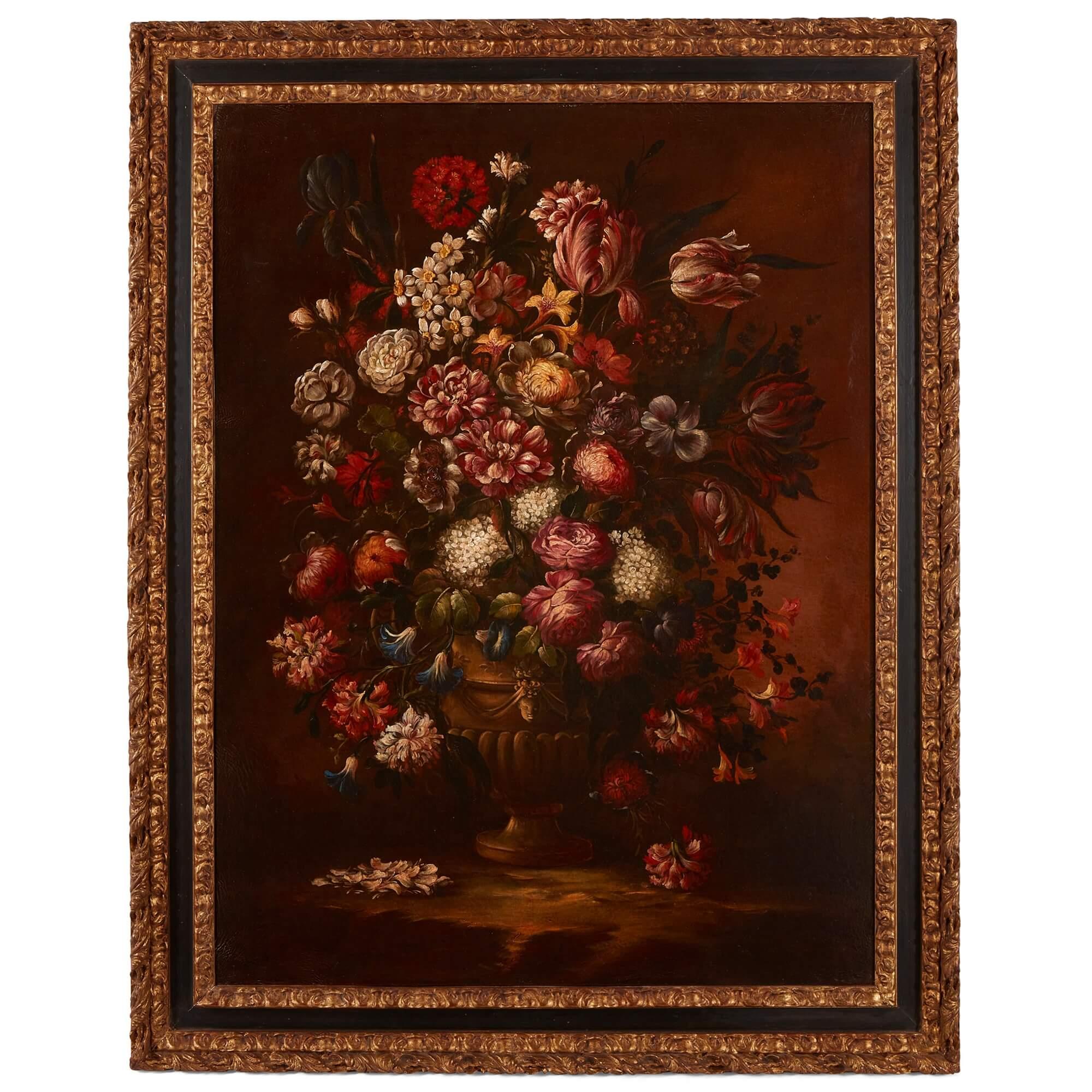 Pair of Large Floral Still Lifes in the Old Master Style  - Painting by Unknown