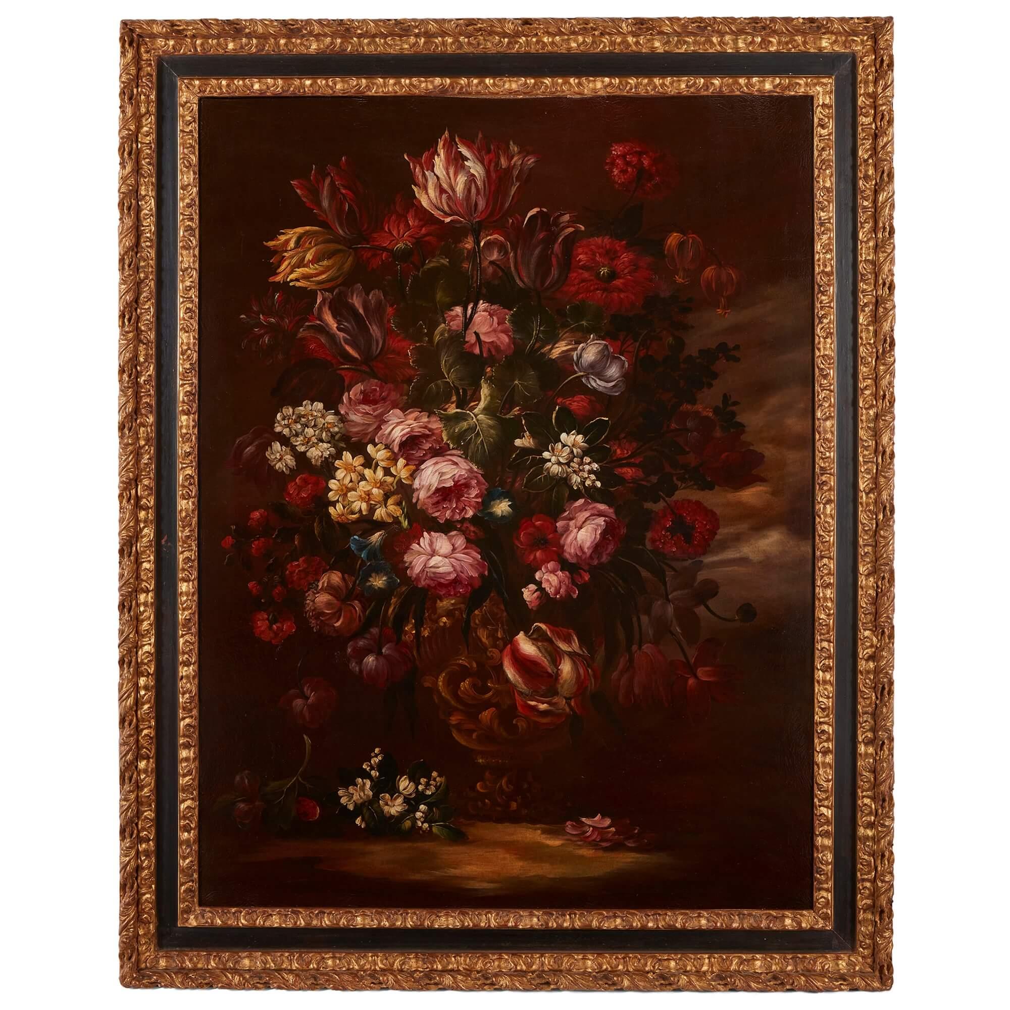 Pair of Large Floral Still Lifes in the Old Master Style  - Old Masters Painting by Unknown
