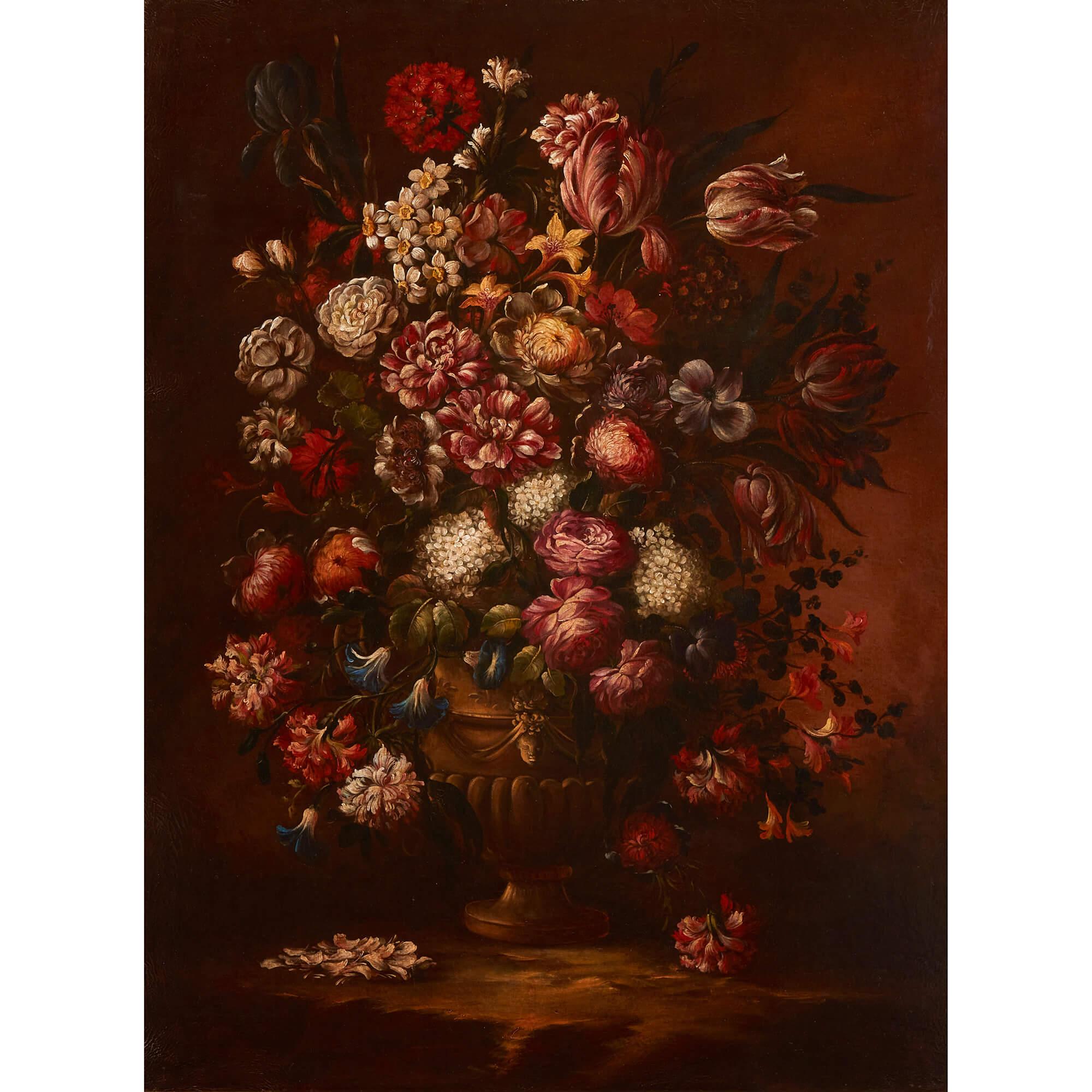 Pair of large floral still lifes in the Old Master style 
Continental, Early 20th Century
Canvas: Height 120cm, width 90cm
Frame: Height 141cm, width 111cm, depth 6cm

This pair of beautiful floral still-life paintings recall the style of the Dutch