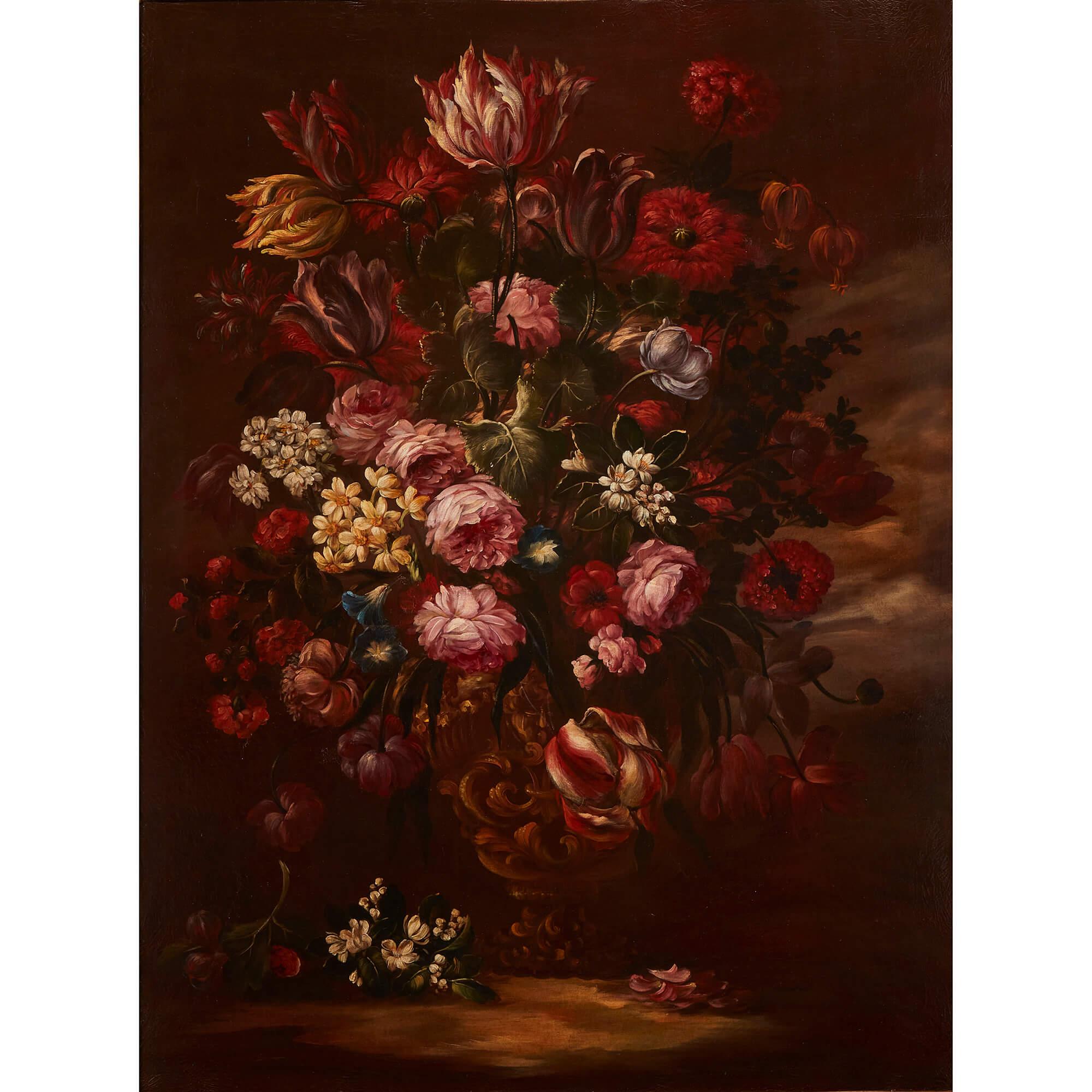 Pair of Large Floral Still Lifes in the Old Master Style  For Sale 1