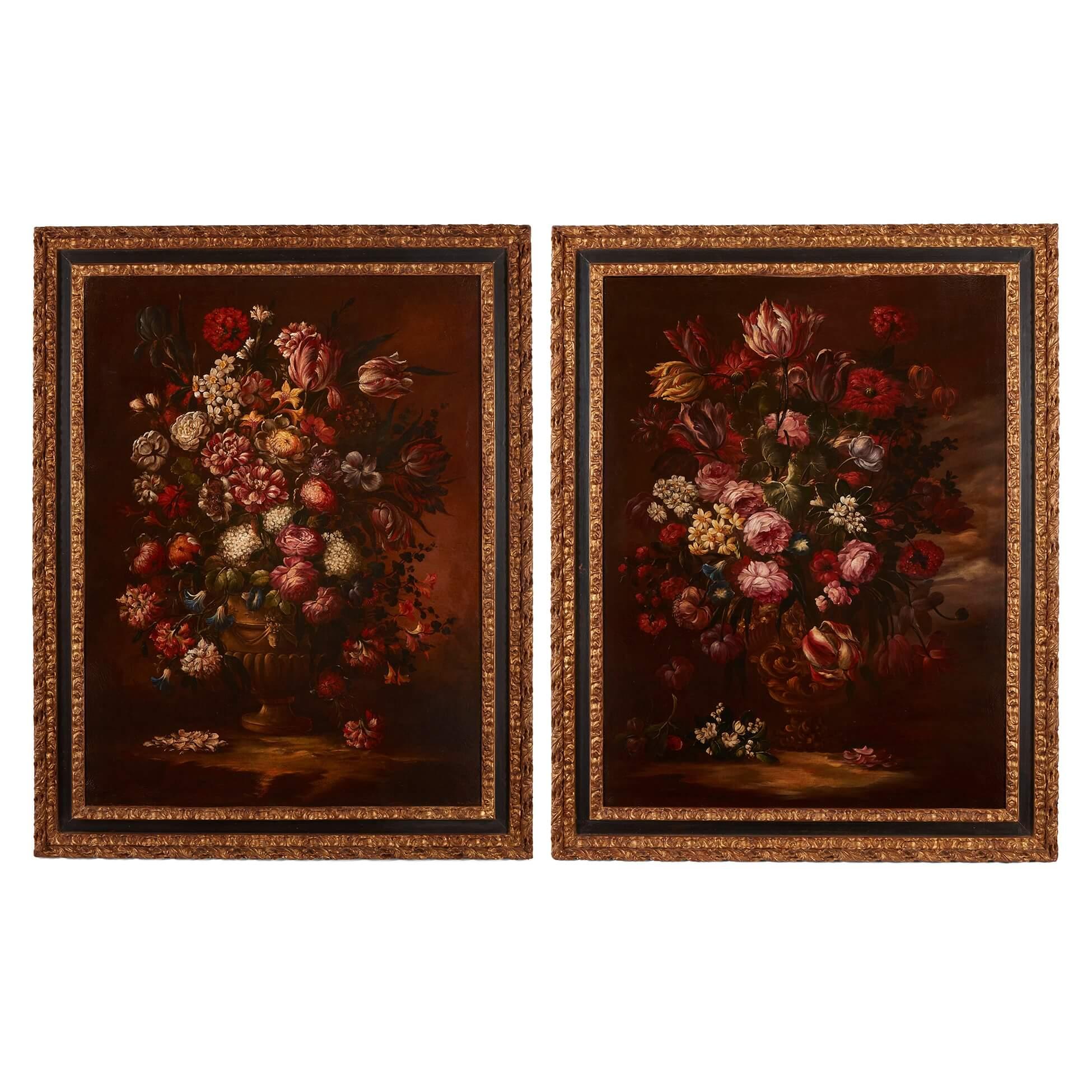 Unknown Still-Life Painting - Pair of Large Floral Still Lifes in the Old Master Style 