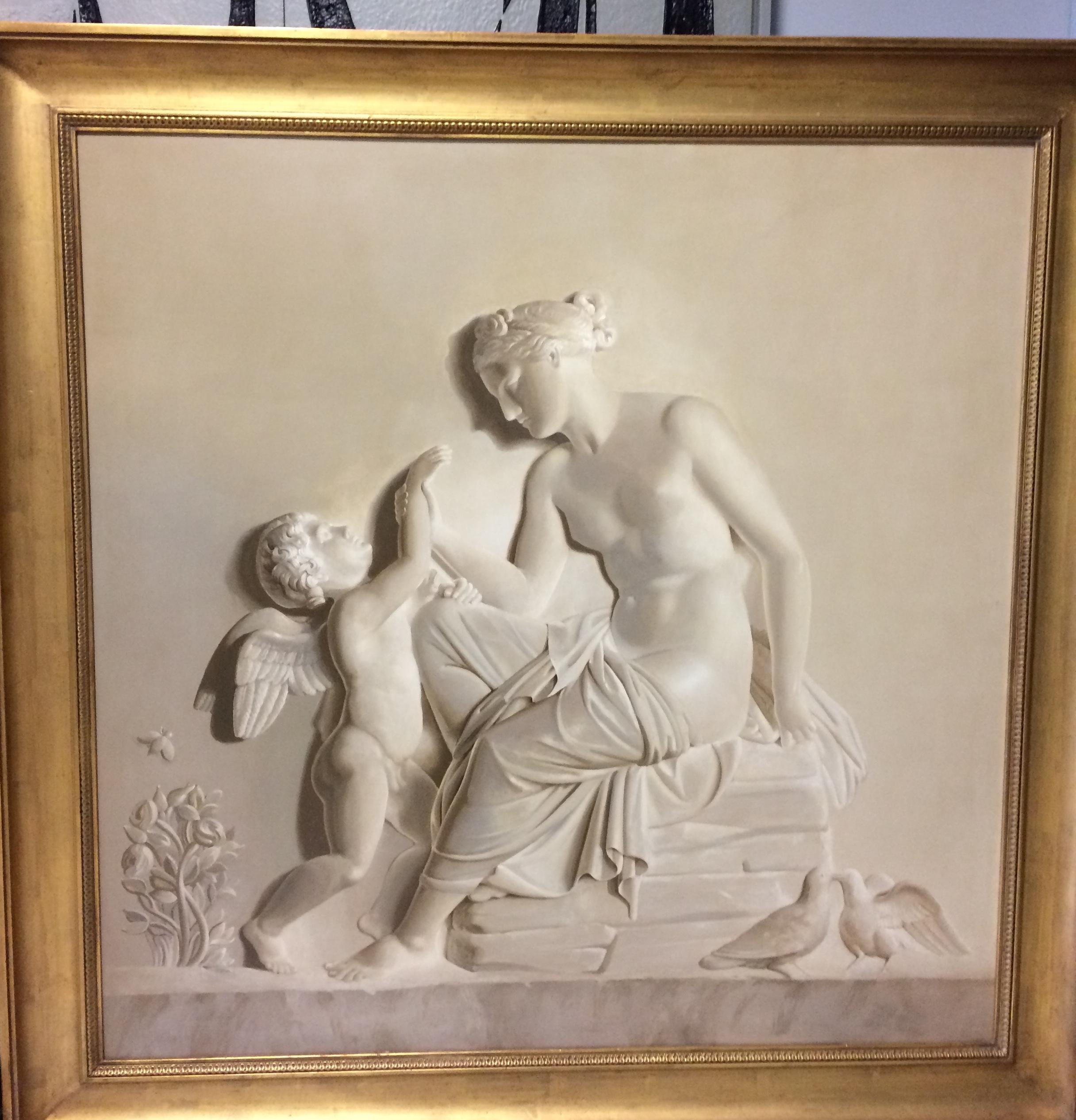 Early 20th century  Italian  Grisaille Paintings , oil on wood after a famous Thorvaldsen reliefs .
Mythological scene with a Finely carved and   gilt- wood frame.
- Cupid Complains to Venus about a Bee Sting.
- Mercury Brings Bacchus to Ino