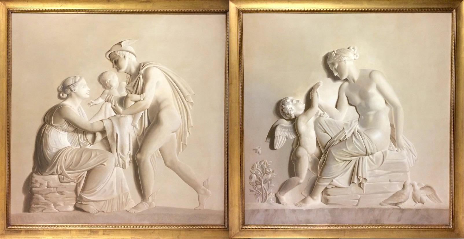 Unknown Figurative Painting - Pair of Large Neoclassical Grisaille Paintings after Thorvaldsen reliefs 1920