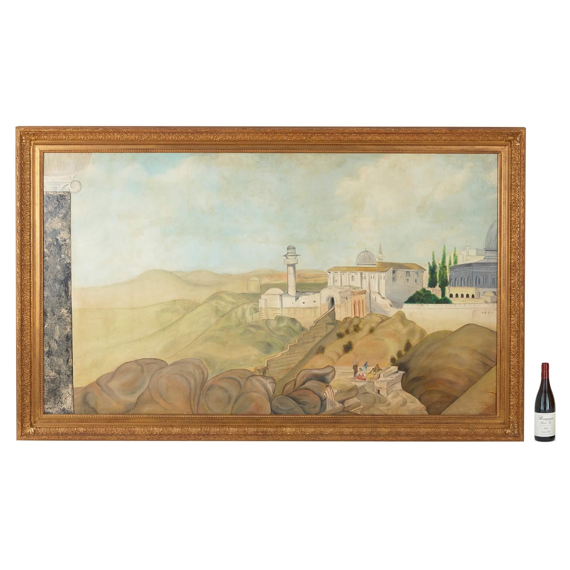 Paire de grandes peintures de Jérusalem depuis le mont des olives - Painting de Unknown
