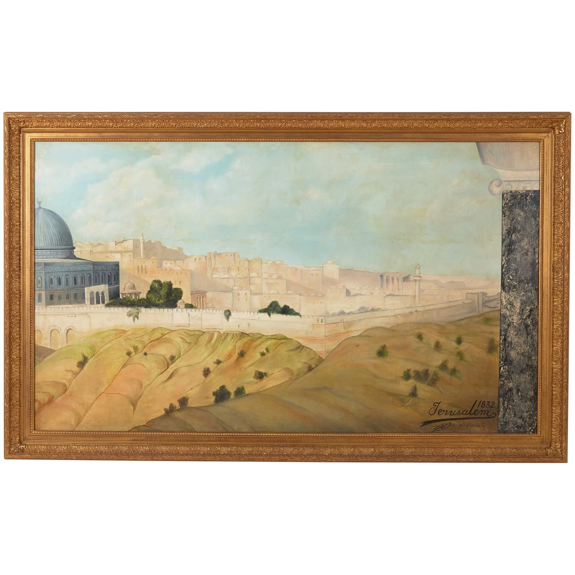 Pair of large paintings of Jerusalem from the Mount of Olives
Continental, c.1920
Frames: height 129cm, width 206cm, 7cm
Panels: height 110cm, width 188cm

These wonderful paintings - or rather single painting, split across two panels - depict the