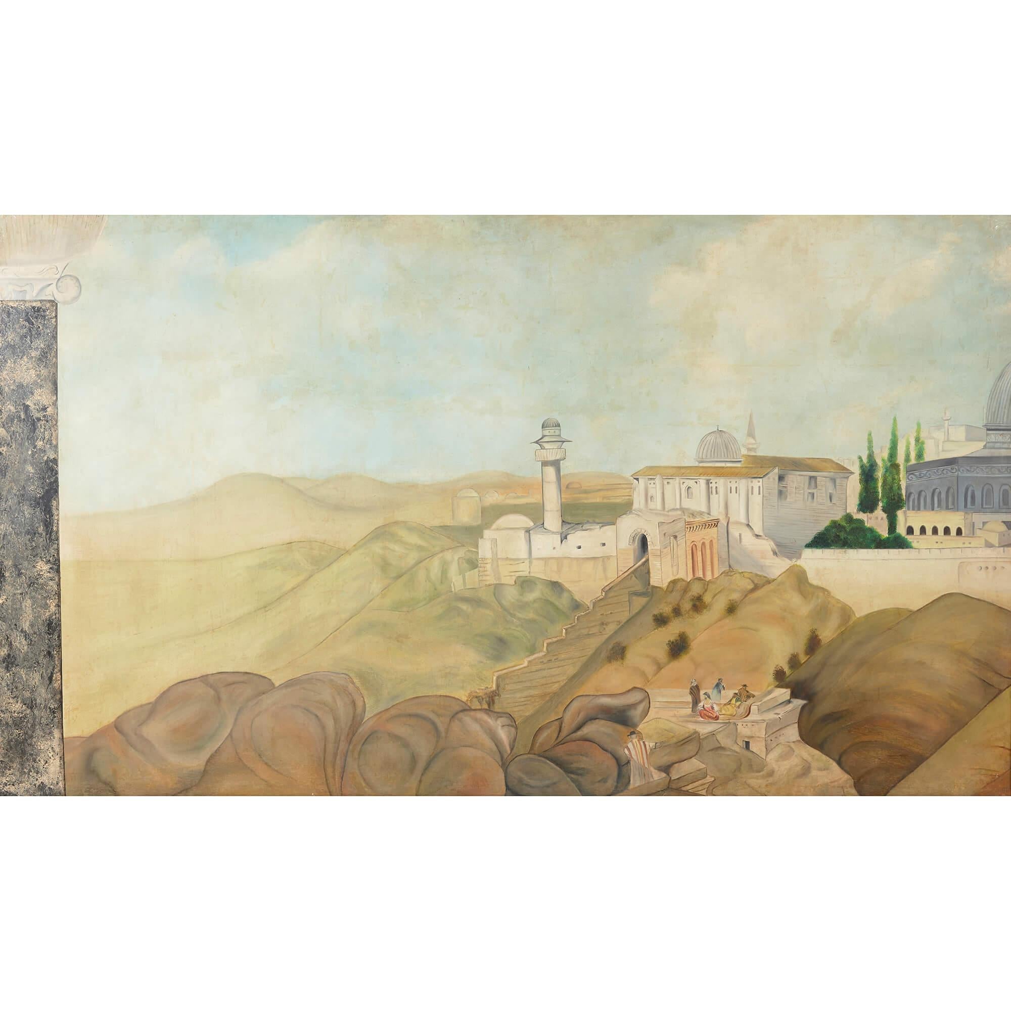Pair of large paintings of Jerusalem from the Mount of Olives For Sale 1