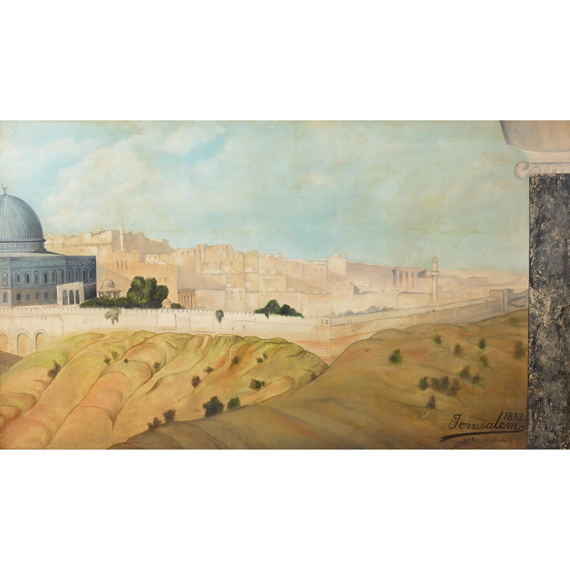 Pair of large paintings of Jerusalem from the Mount of Olives For Sale 2
