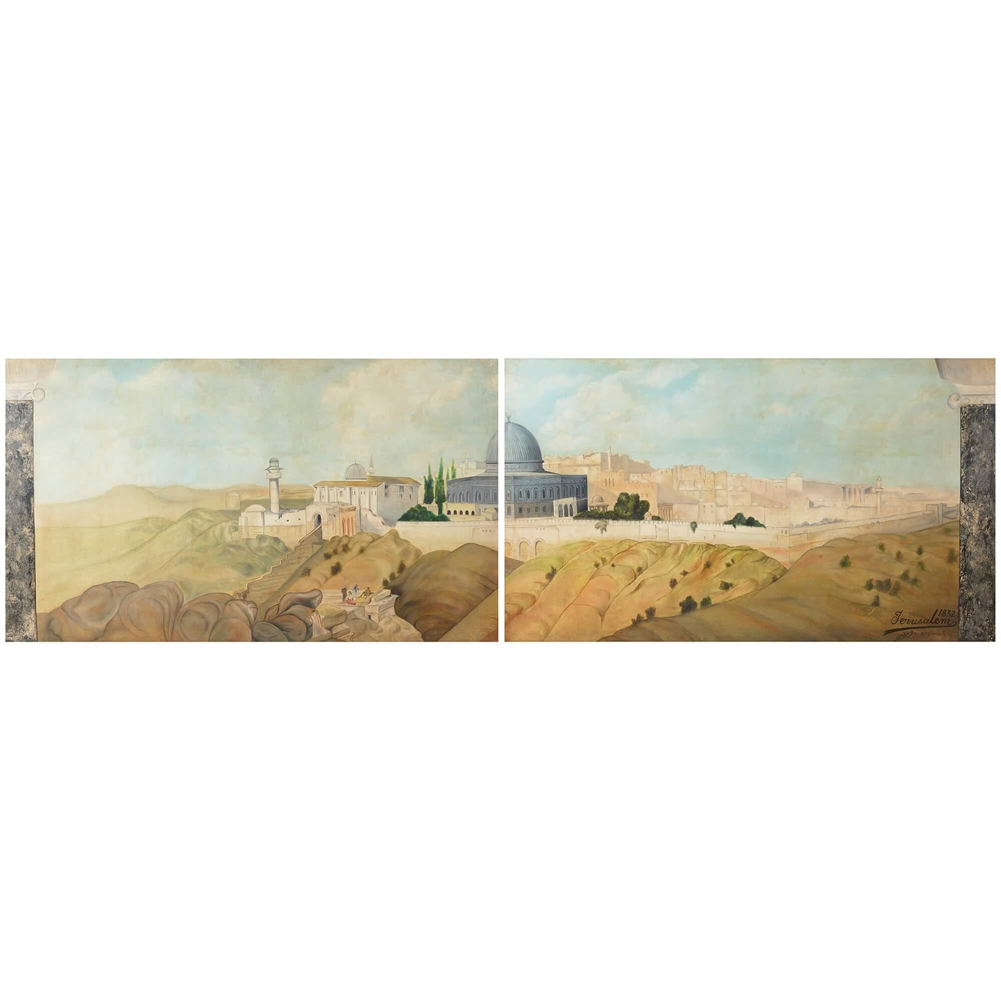 Pair of large paintings of Jerusalem from the Mount of Olives For Sale 3