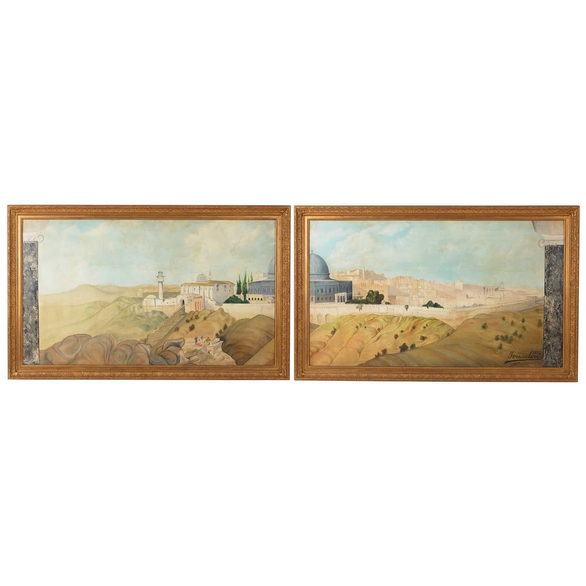 Landscape Painting Unknown - Paire de grandes peintures de Jérusalem depuis le mont des olives