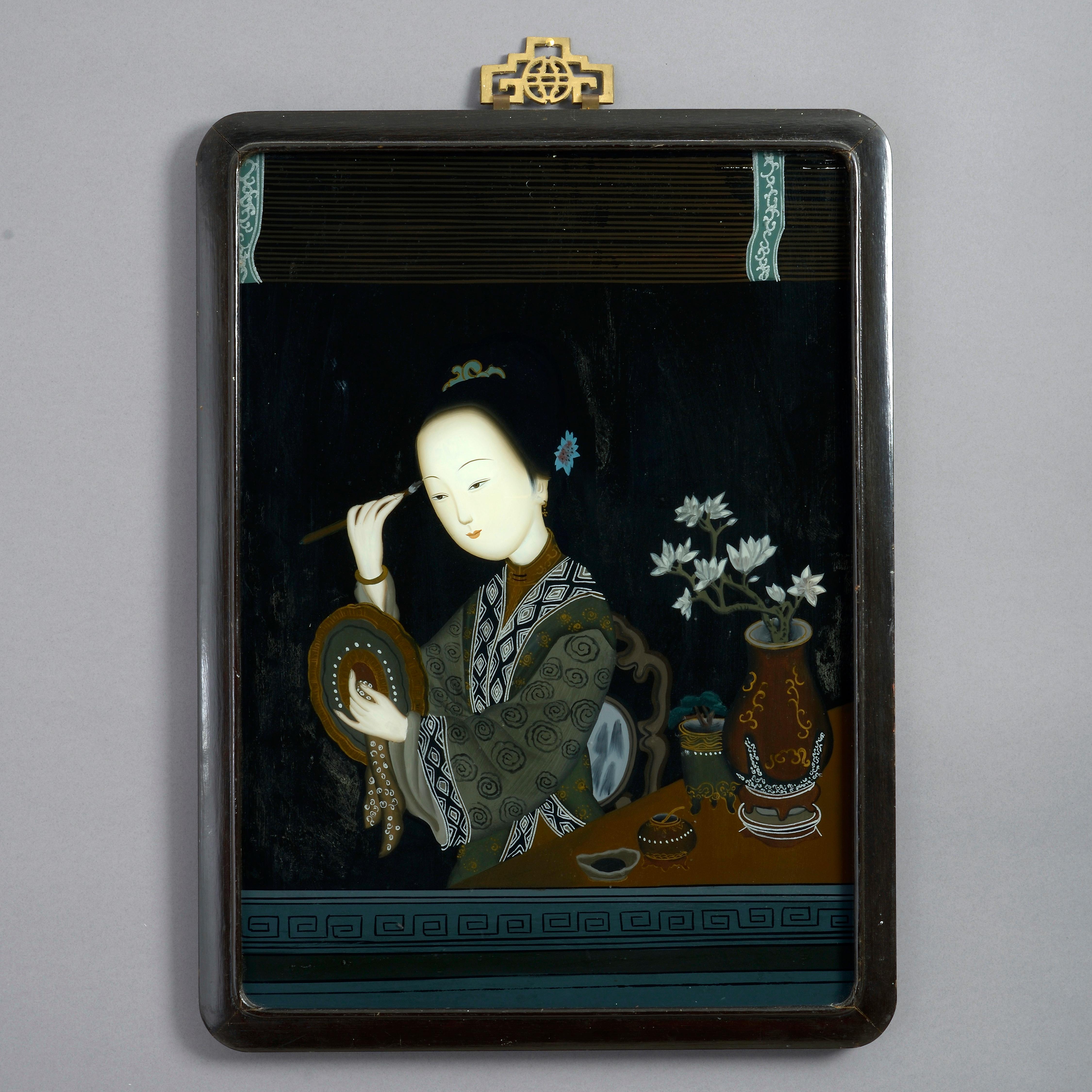A pair of late nineteenth century Chinese Export reverse glass portraits, each depicting a noblewoman, one plucking a stringed instrument before a mountainous landscape; the other attending to her hair within an interior setting.

