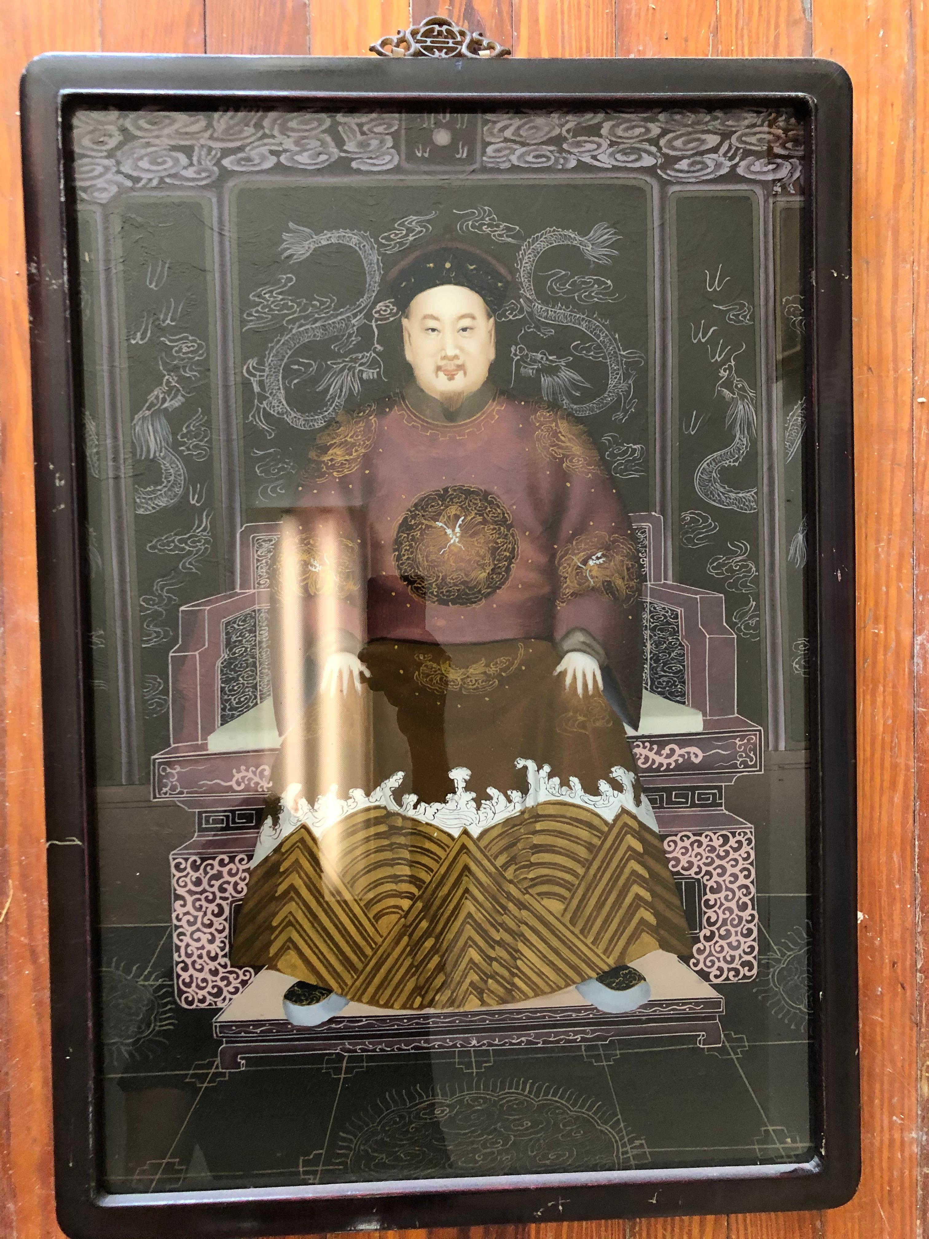 Pair of fabulous vintage Chinese reverse paintings on glass. Most likely made for export in mid  20th century.  Very fine detail and great original condition. Original lacquer frames measure 27 1/2 inches high by 19 1/4 wide. Sorry for some pics, as