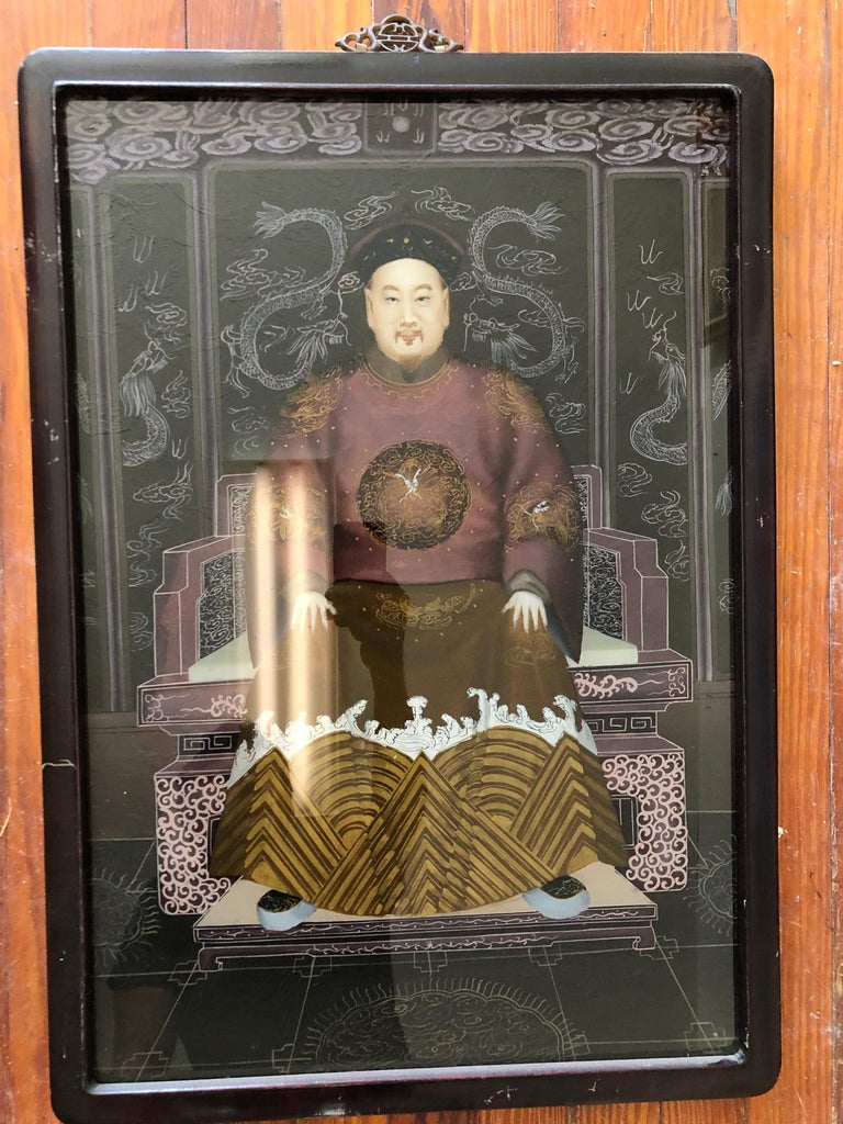 Pair of fabulous vintage Chinese reverse paintings on glass. Most likely made for export in mid  20th century.  Very fine detail and great original condition. Original lacquer frames measure 27 1/2 inches high by 19 1/4 wide. Sorry for some pics, as