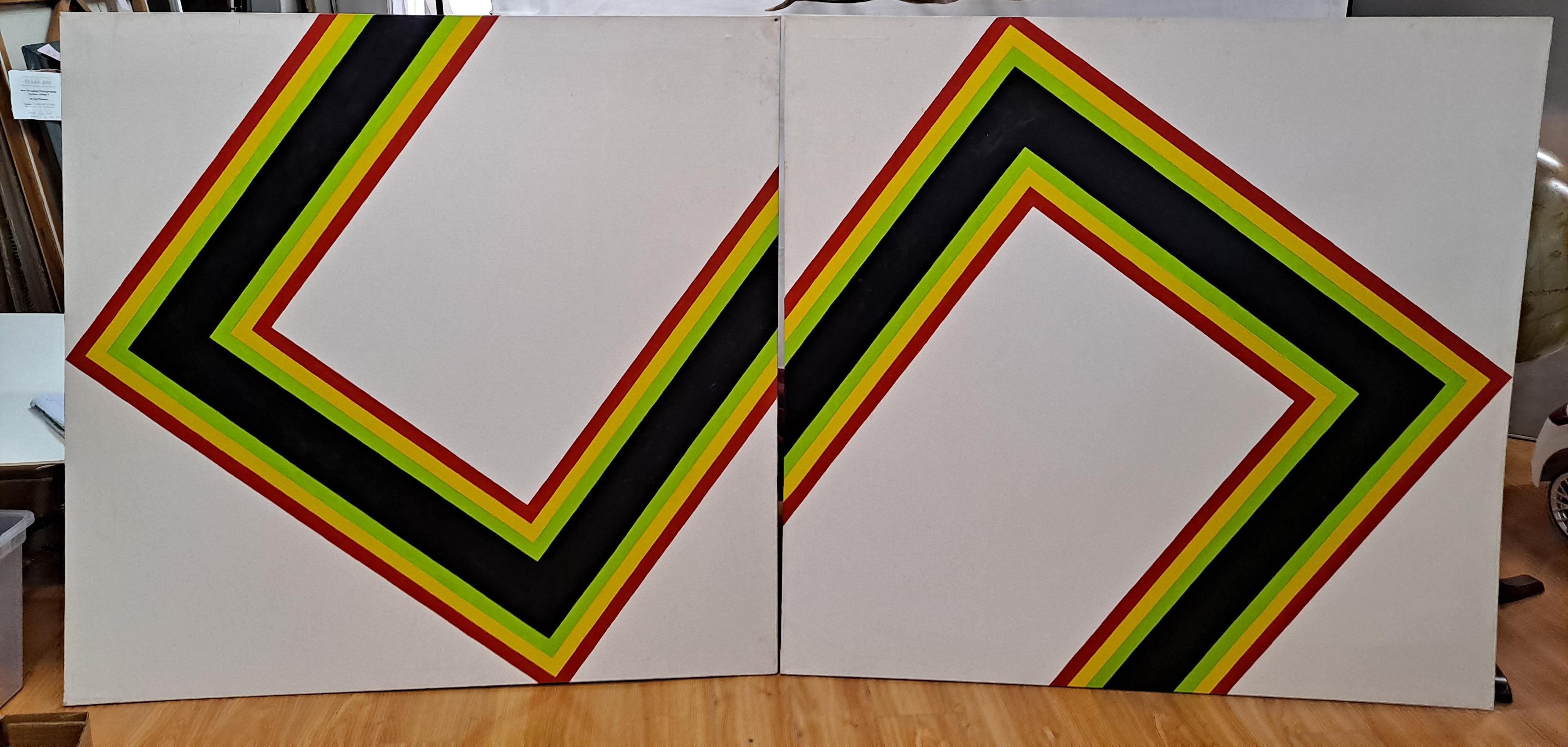 Pair of Mid-Century Geometric Abstract Paintings 
Oil on canvas
Signed "GAC", 1972
Numbered I & II


