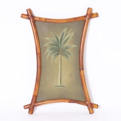 Pair of Midcentury Palm Tree Paintings in Bamboo Frames