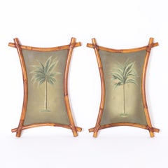 Pair of Midcentury Palm Tree Paintings in Bamboo Frames