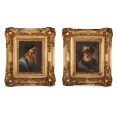 Antique Pair of miniature oil on panel paintings of rabbis