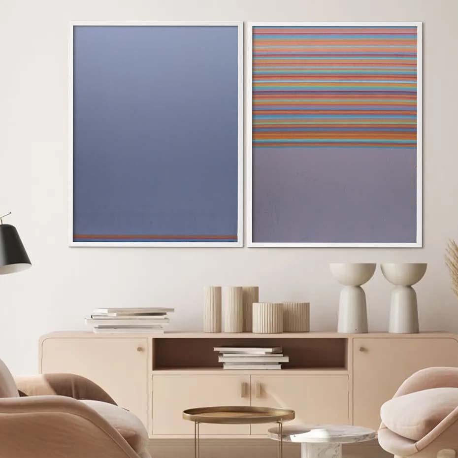 Pareja de óleos geométricos minimalistas americanos Rayas moradas 1969 Raros - Painting de Unknown