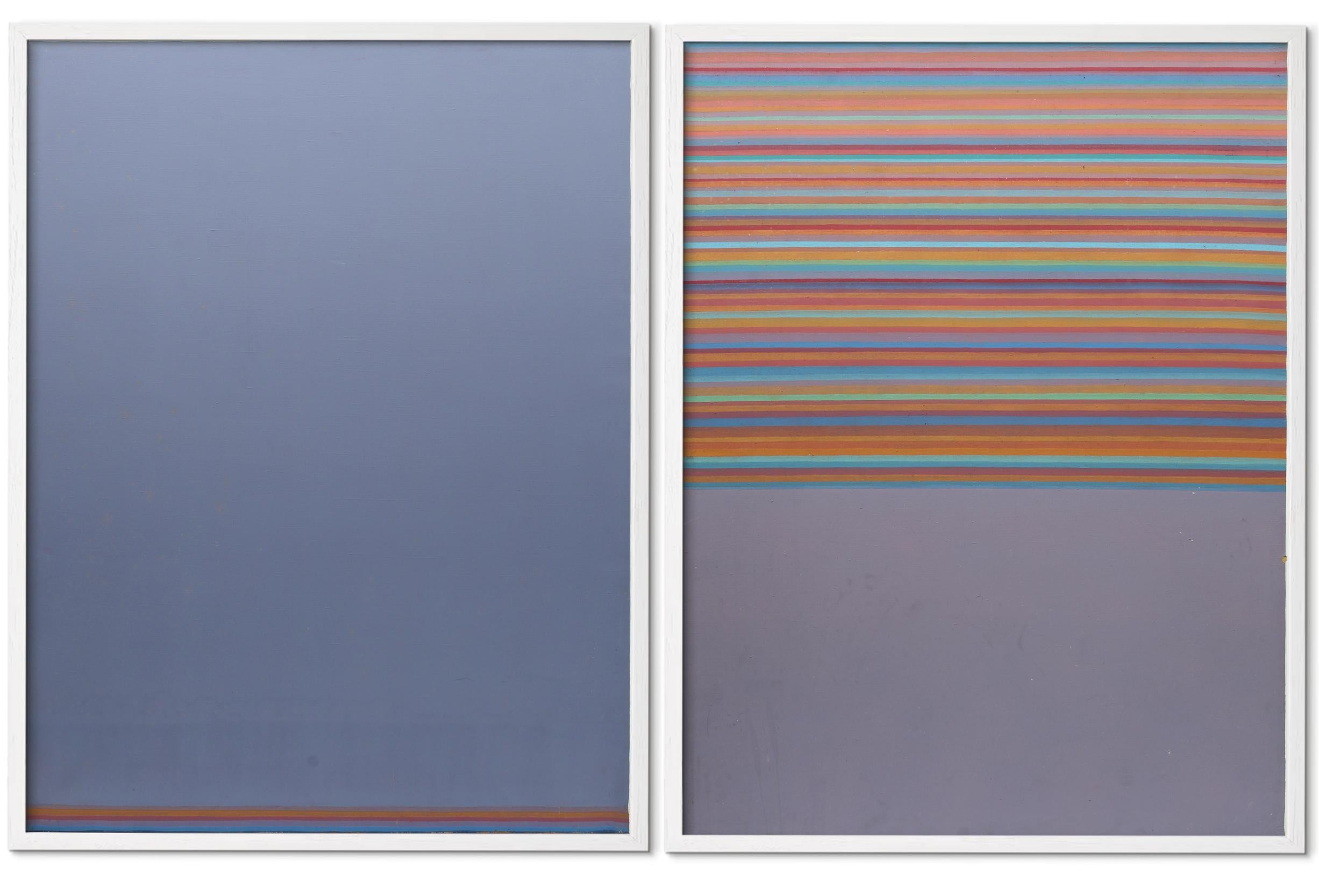Abstract Painting de Unknown - Pareja de óleos geométricos minimalistas americanos Rayas moradas 1969 Raros