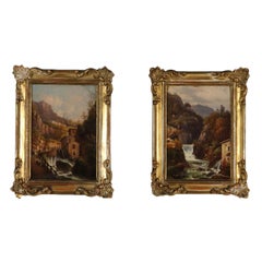 Pair of Mountain Landscapes Oil on Cardboard 19th Century