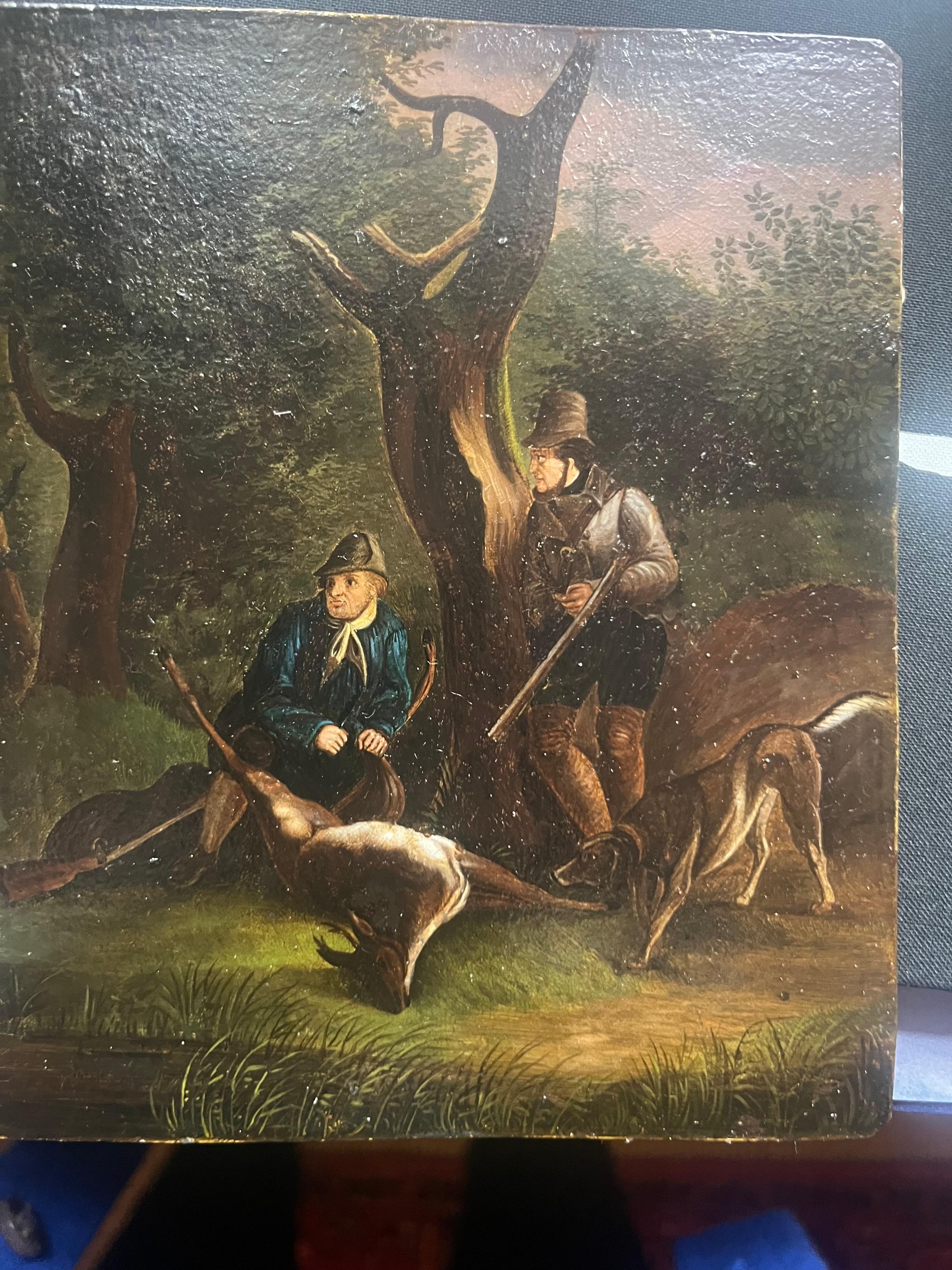 Small Pair of Oil Paintings on artist’s board, Nineteenth Century Hunting Scenes of Hunters in the woods with Dogs having shot a Deer. These small oils are unsigned, restored and cleaned and still no visible signature alas! They are super quality