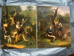 Pair of Nineteenth Century Hunting Scenes with Hunters, Dogs and Deer