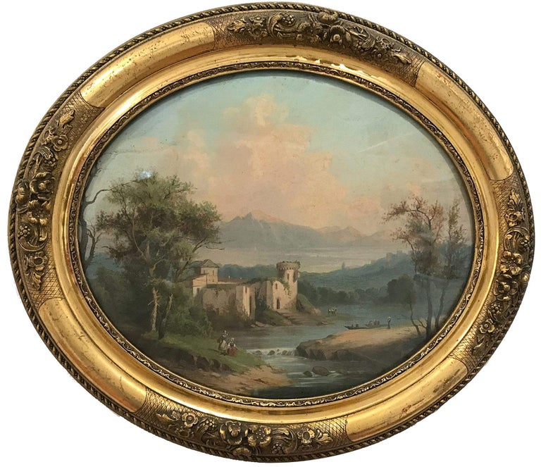 Pair of Ovals 19th Century Continental School Landscape and Seascape Paintings For Sale 11