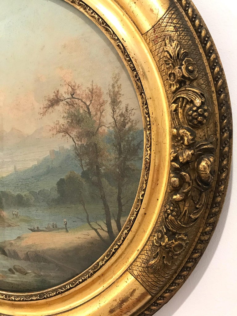 Pair of Ovals 19th Century Continental School Landscape and Seascape Paintings For Sale 12