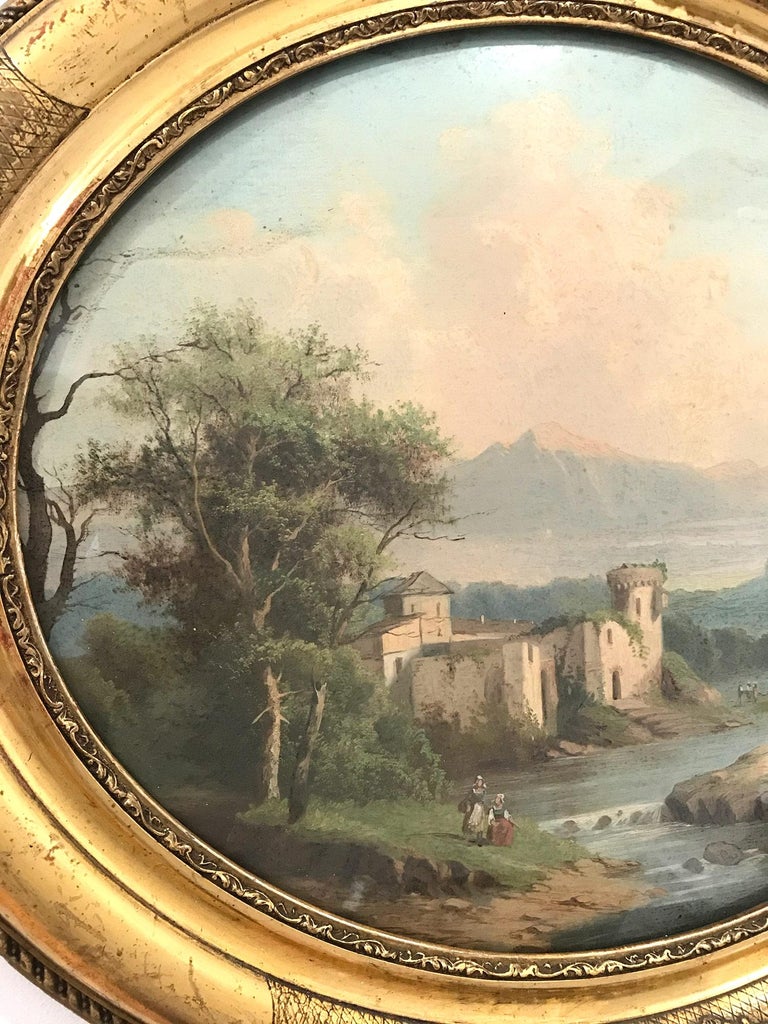 Pair of Ovals 19th Century Continental School Landscape and Seascape Paintings For Sale 13