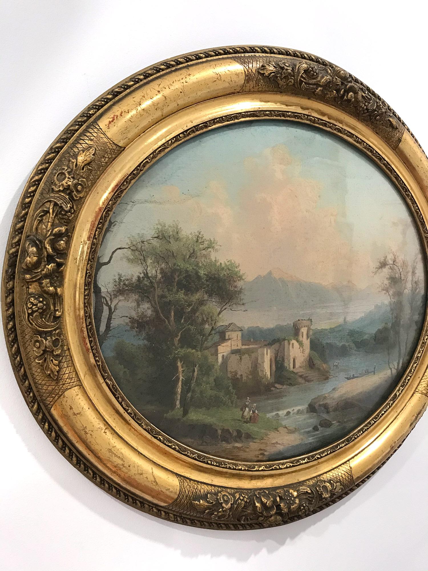 Paire de peintures de paysages et de paysages marins ovales de l'école continentale du 19ème siècle 12
